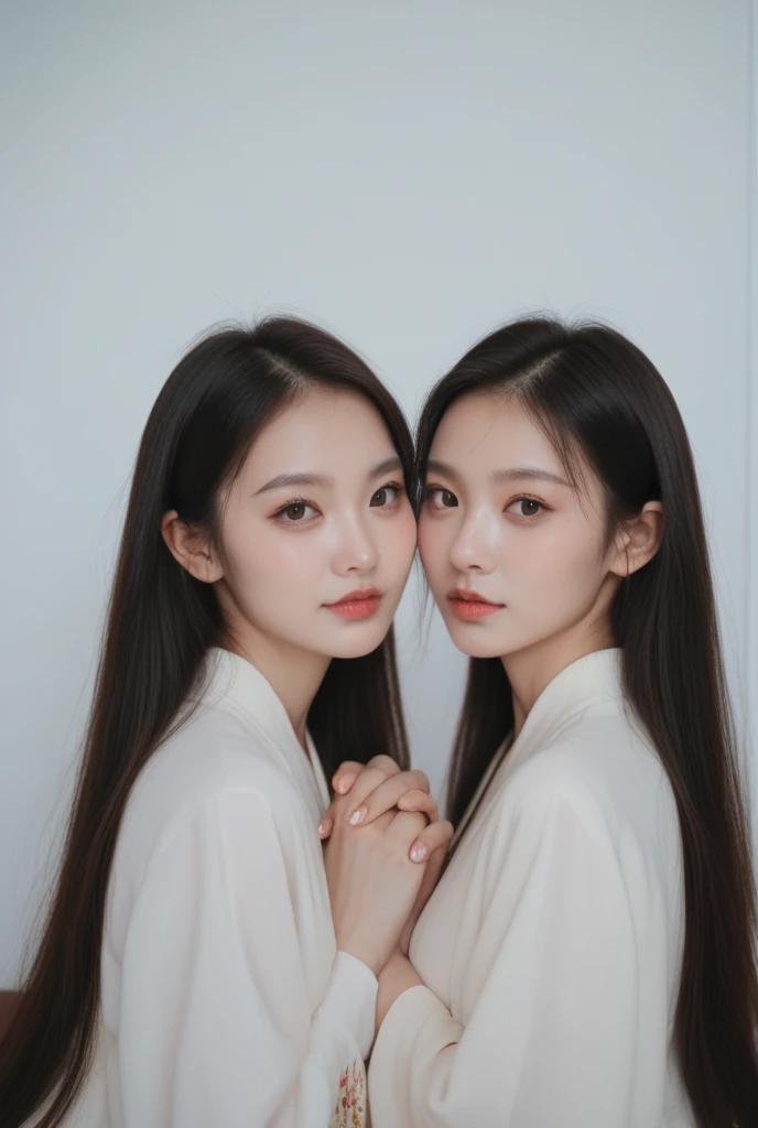 ((2grils, twins)),face to face, wear a white dress, nighttime, midnight, dark, RTX, photorealistic lighting, photo taken in ancient japan, extremely detailed flowing hair, realistic hair, realistic shadows, absurdres, hyperdetailed, 4k, (black eyes), (beautiful girl: 1.4), (masterpiece),Ultra Detail, (Best Quality), (Ultra High Definition), (Masterpiece), Photorealistic:1.3, smiling, balanced pupil, symmetical pupil and iris,chromatic_aberration:0.8, dynamic_color_range, lens_distortion:0.7, (sitting:1.3),((Delicate hand)), from side,full body, <lora:koreanDollLikeness_v20:0.5>, <lora:fashiongirl-lora-v4-naivae-4ep-1dim:0.2>