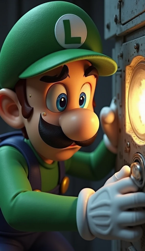 Luigi character from the game super mario bros, dvd screenshot, cinematic lighting, 1980s video, realistc, vhs, dark fantasy ambient