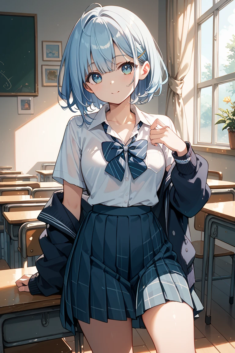 Best Quality,masutepiece,fullnude，look down on, Upper body,lightblue hair，Strands of hair,Fair skin,‎Classroom，tiny chest、Cardigan，Take off your uniform, Bow, Red bow, Long sleeves, Shirt, Collared shirt, White shirt, Skirt, Pleated skirt, Black skirt, tiny chest、looking at the viewers, BREAK (masutepiece:1.2), Best Quality, High resolution, Unity 8k壁纸, (Illustration:0.8), (Beautiful detailed eyes:1.6), extra detailed face, Perfect Lighting, extremely details CG, (Perfect hands, Perfect Anatomy),A smile、(Skirt lift:1.3), (white  panties:1.3)、(Skirt that rolls up:1.3)、(Fully exposed panties:1.5)