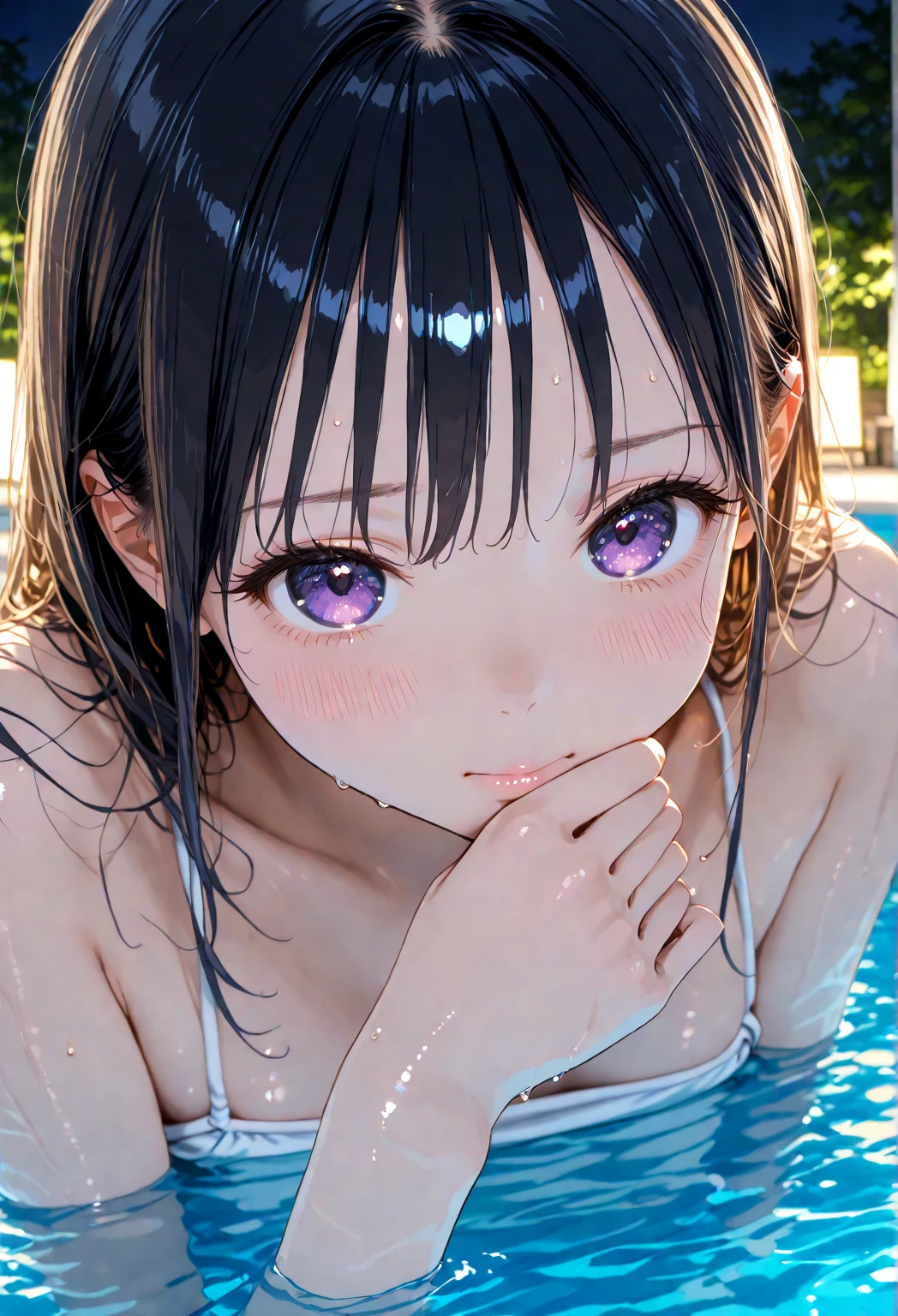 Top image quality、A beautiful face drawn in the ultimate detail、Clear eyes、NSFW、Touching bangs、Lying in the shallow water of the springs、Girl in a duo、zori、14years、Luxurious hair ornament with feathers、2.5th Dimension Girl、Enjoy a woman's naked body、art by、8Head and body、A slender、Little devil smile、Very skinny、Luxury、skinny、Ribs、A-cup breasts、discreet breasts、Smaller chest、tiny breasts,small tits、beauty legs、Constricted waist、dented belly、Beautiful silver-purple hair、3 Collage、Looking up angle,Knitted sandals、Backgrounds that look like real photos、anklets、wetting hair、Soaking wet body、