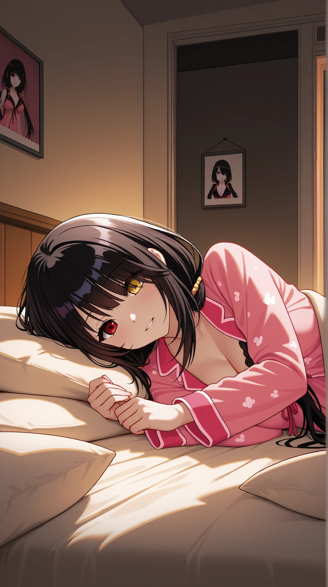 (1 girl), dark hair, bedroom bed in background, pajamas, lying on back, cute, gravure pose