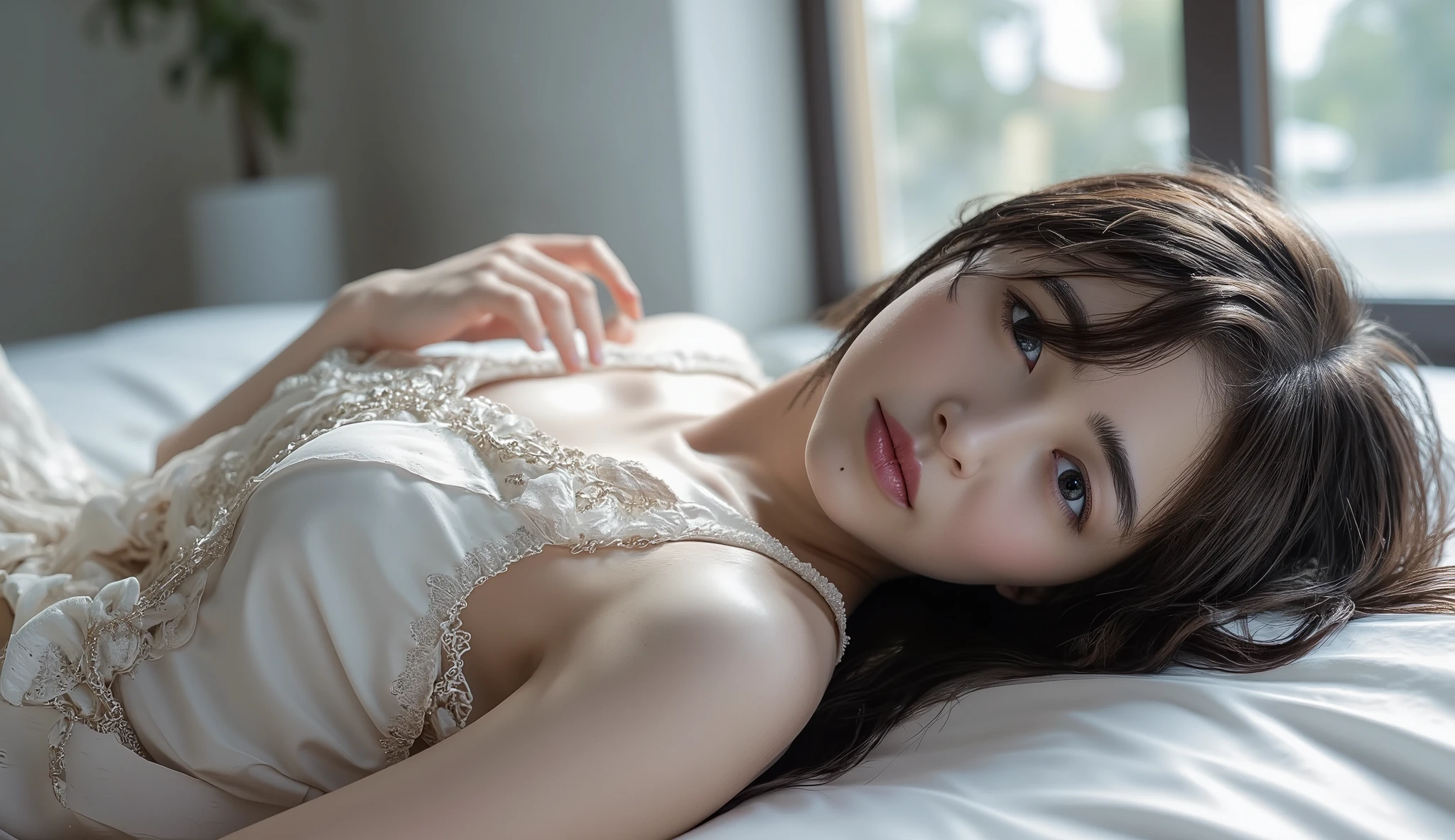 ((Top Quality, 8k, Masterpiece: 1.3)), Beauty, 1 Japan Girl, Big: 1.3, Slender Abs: 1.1, Dark Brown Hair, (Lying in Bed, Open Legs: 1.2), Ultra Detailed Face, Highly Detailed Lips, Detailed Eyes, Double Eyelids, Bra Red, Sweaty Skin: 1.5