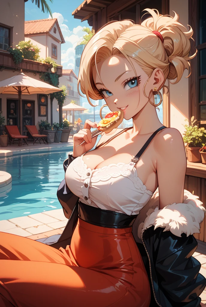 Bianca \(dragon quest\), bianca, dragon quest, (masterpiece, best quality, 4k, photorealistic, cinematic, ultra-detailed), wide shot, full body, perfect anatomy, curvaceous body, perfect eyes, perfect hands, large chest, long round legs, 1 girl, blonde hair, sitting in an office chair, ivory silk camisole top, olive green cropped trousers, tan strappy heels, effortless half-up half-down hairstyle, delicate layered necklace