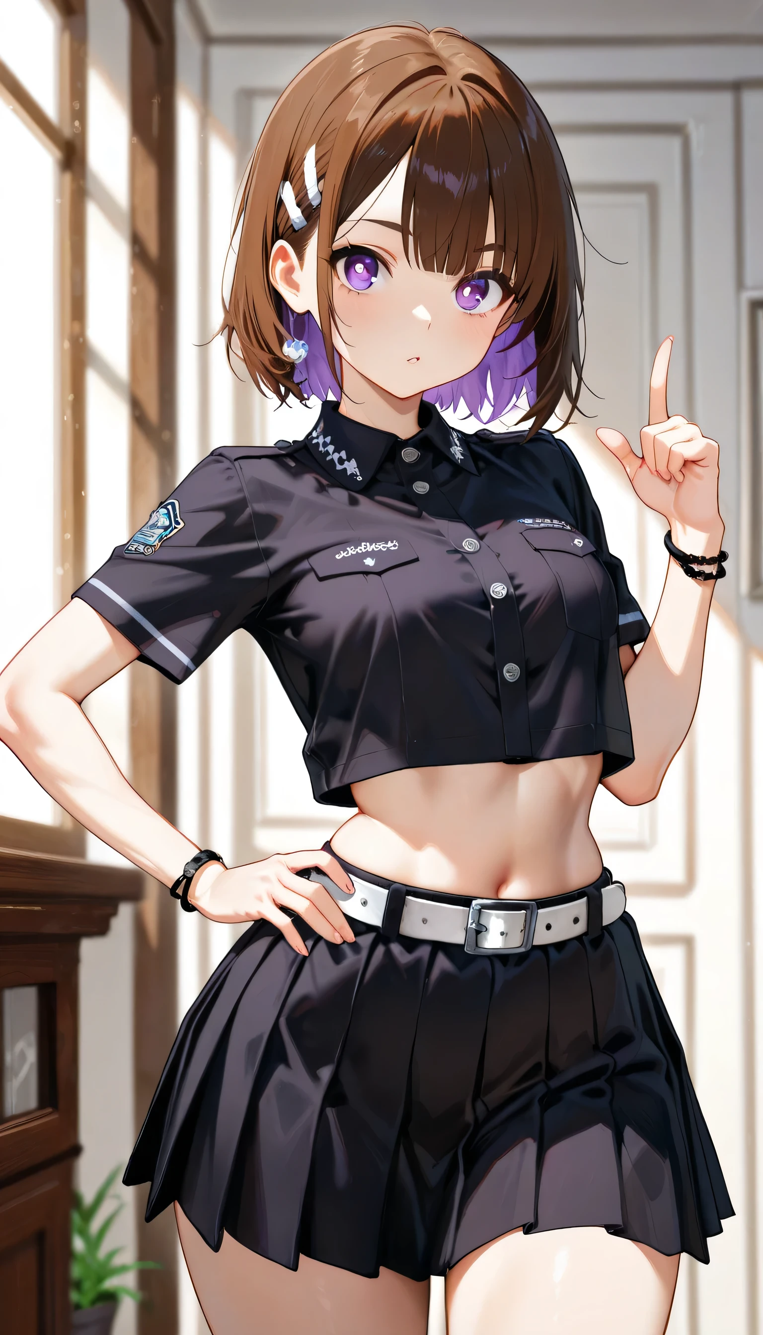 ((masterpiece)), (best quality), official art, extremely detailed CG, unity 8k wallpaper, ultra detailed, detailed background, vivid color, photorealistic,
doa, ayane, red eyes, short purple hair, black police peaked cap, police, small breasts, cleavage, midriffs, white shirt, front-tie top, black high-waist shorts, belt, black boots, highleg,
cowboy shot,
from side,
ruins of a cathedral, crumbling pillars, stained glass shards, spiritual remnants,
<lora:DOA5LR Ayane Police Costume :0.9>