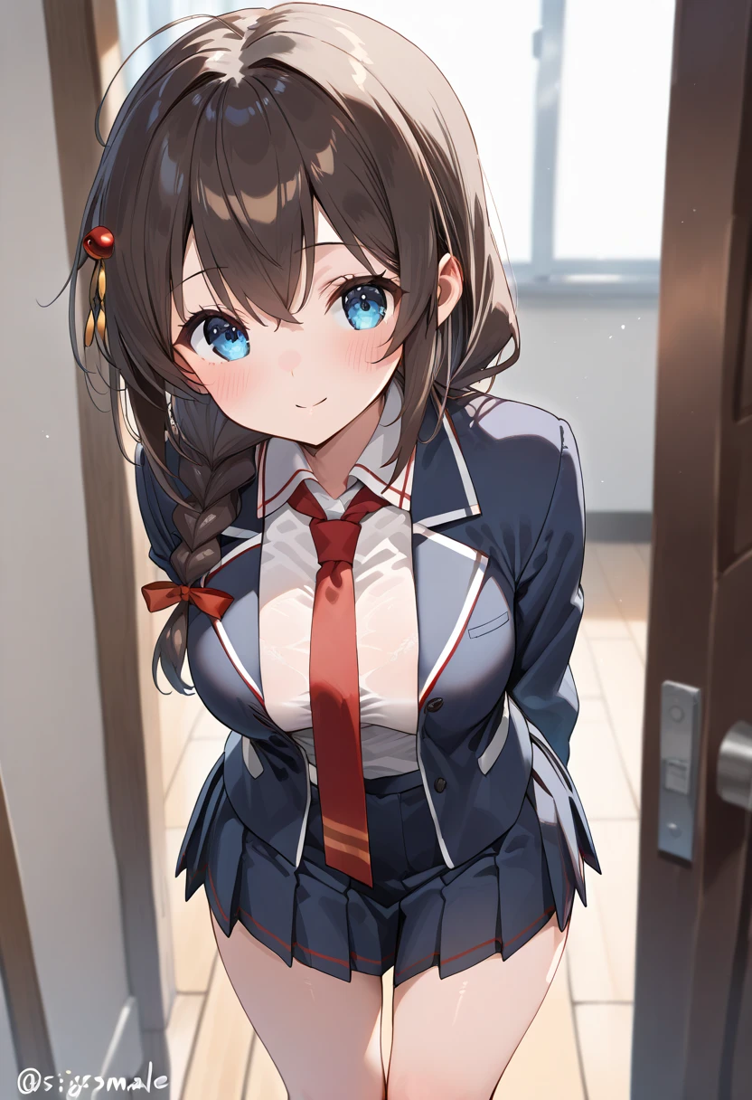 (masterpiece、highest quality、High resolution、realistic pictures、real looking skin:1.1)、1 Japanese girl、alone、whole bodyエスビアン、beautiful eyes、shining eyes、brown hair、Entrance to the house、(Long collar shirt、Navy pleated mini skirt、blazer、navy knee socks、black loafers、F cup breasts:1.1)、(lift one'my own skirt:1.5)、(panties are slightly exposed:1.5)、(Are standing:1.5)、(simple white pants:1.5)、(A provocative grin:1.5)、(high twin tail:1.5), (whole body:1.5), NSFW