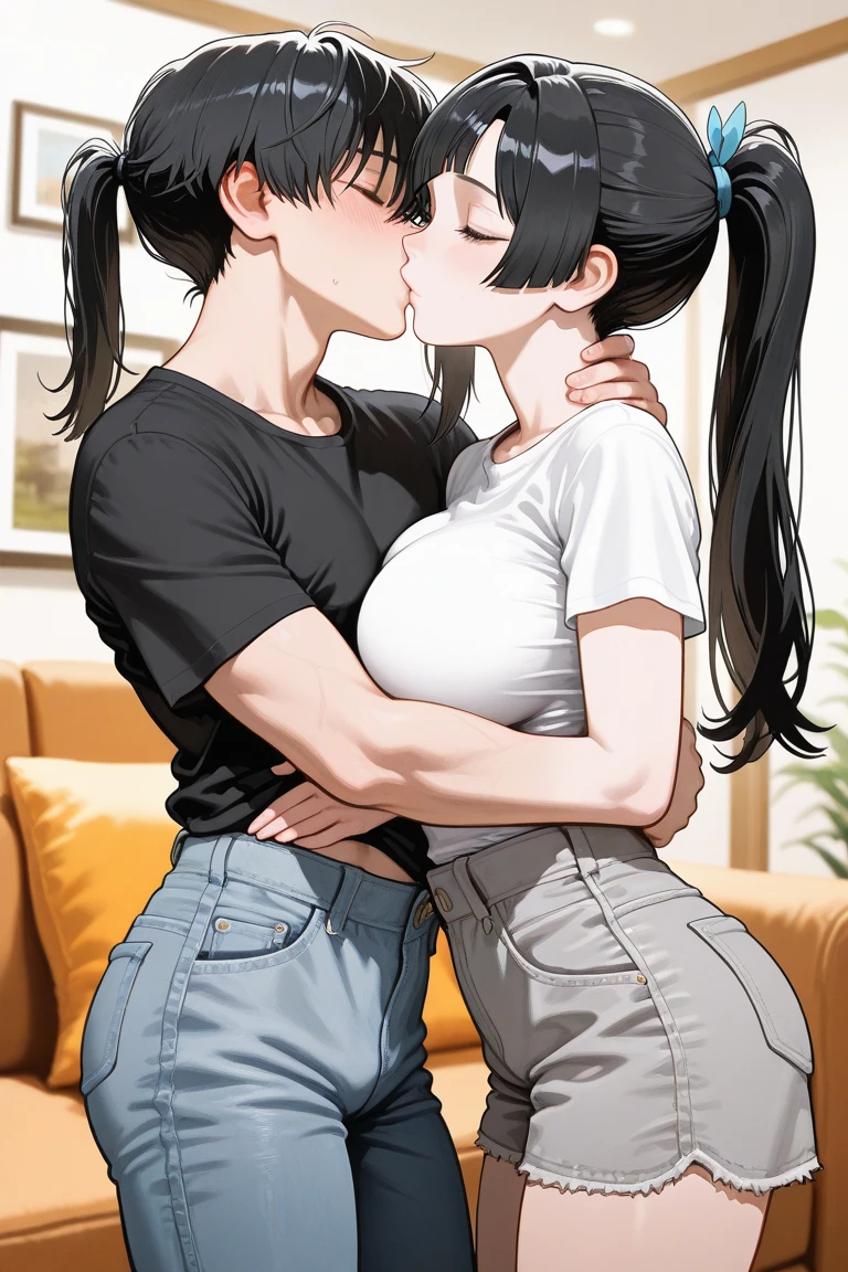Two age girls,Angry expression,Equal height,At the bed,Black hair ponytail,Face to face, staring at each other,Embrace,Two bodies approaching,kiss、Photo of the two of them、Holding hands and facing each other、向かい合うPhoto of the two of them、Push each other、together、,highest quality,1 girl,kiss_tonguetongue,,tongue、Two Girls、together舐める、Girls facing each other、抱き合いながらkiss、Huge 、向かい合ってkiss、Embrace、Skinny jeans、Huge乳房