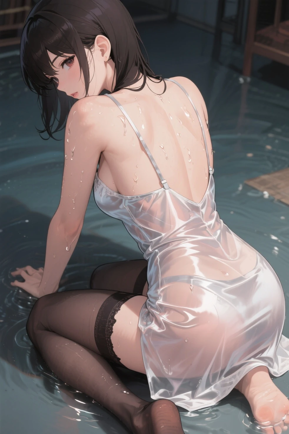 SFW,(8k, RAW photo, best quality, masterpiece, soft cinematic lighting, soft color:1.6),(ideal ratio body proportions:1.8),(from side above:1.5),(looking at camera:1.8),(sitting:1.5),(spread legs:0.5),(beautiful eyes focus:1.8), (realistic), (dilapidated japanese old house ,onsen background:1.6), (solo, mature woman,20years old,super beautiful face,super detaild beautiful brown eyes :1.8), (detaild sheer white Slip Dress:1.6),(coverd nipples:0.5),(embarrassed,red Cheeks:1.25),long hair, {{slicked back hair}}, white blonde color hair, clean skin, (smaller butt:1.8),(coverd nipple:0.9),(sagging huge long wide heavy breasts:1.5),(under boob:0.8), ( Perfect body skinny beauty: 1.5),(open mouth:1.1),(temptation pose:1.8),(heavy breathing:1.5),