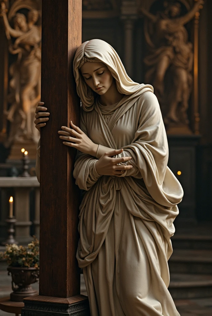 High detail RAW color art, animation, marble skin of a male angel, high angle, marble statue, (((ultra detailed elegant, beautiful face))), (crucifixion), white skin, wearing catholic robe, magical atmosphere, ((long curly hair)), (focus on face), (((gothic cathedral on background))), (detailed skin, skin texture), (intricately detailed, fine details, hyper detailed), raytracing, subsurface scattering, diffused soft lighting, shallow depth of field, by (Oliver Wetter), by Leonardo da Vinci,
