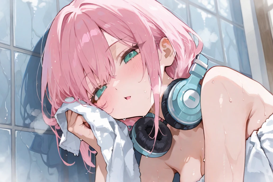 Beautuful Women, bath room, deep in the night, full bodyesbian, fullnude, Wear a bath towel, Dark red eyes, pop out, Grabbing your chest with both hands , A big smile, No underwear, Pink hair,, super sonico, Straight Long Hair, Big ass very big, Heart-shaped pupil, drenched in sweat, Strong backlighting, red tide, squatt, Begging, soaked, Looking at the camera, Composition looking up from below