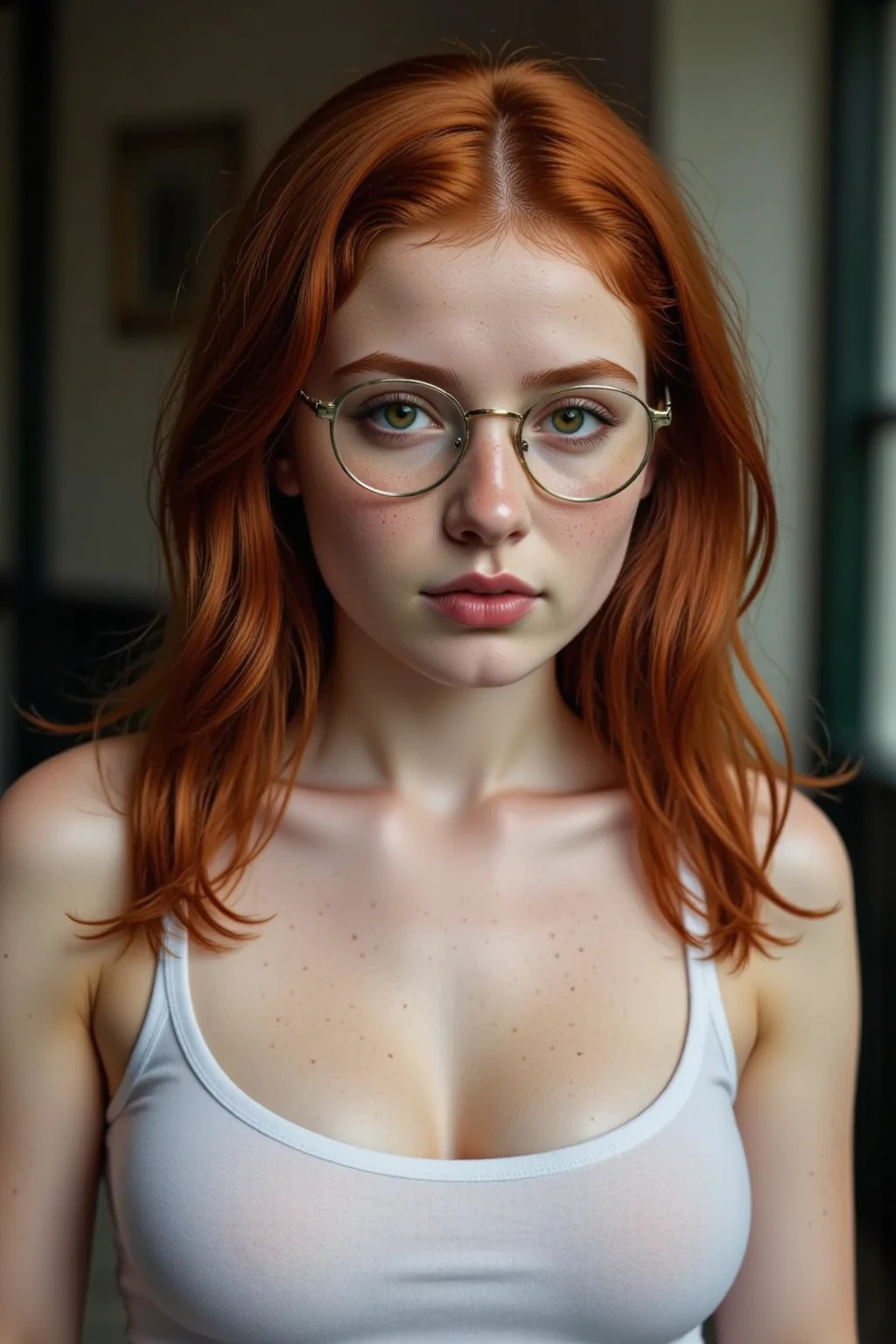 **Analog photography of red-haired girl, 18 years old, blue eyes, Soft makeup, And bright pink bubble lips. Her curly hair sets off her fair skin, Highlighting her plump breasts, She wears a lingerie suit, and gold chain. Oversized glasses(Outline her face), Wearing high-heeled shoes.** She was photographed on a cute printed blanket, (Her mouth opened,Sticking out tongue), Ethereal atmosphere, Art Style, The attention to detail and soft tones create a narrative that is both charming and pleasing.. Second exposure: Poppy Cover. describe: ((Double exposure creates a magical blend,Girl looks like part of a natural flower,Symbolizes the relationship between humans and nature. Chemically printed backgrounds give image-like quality)). ((From the above point of view)).