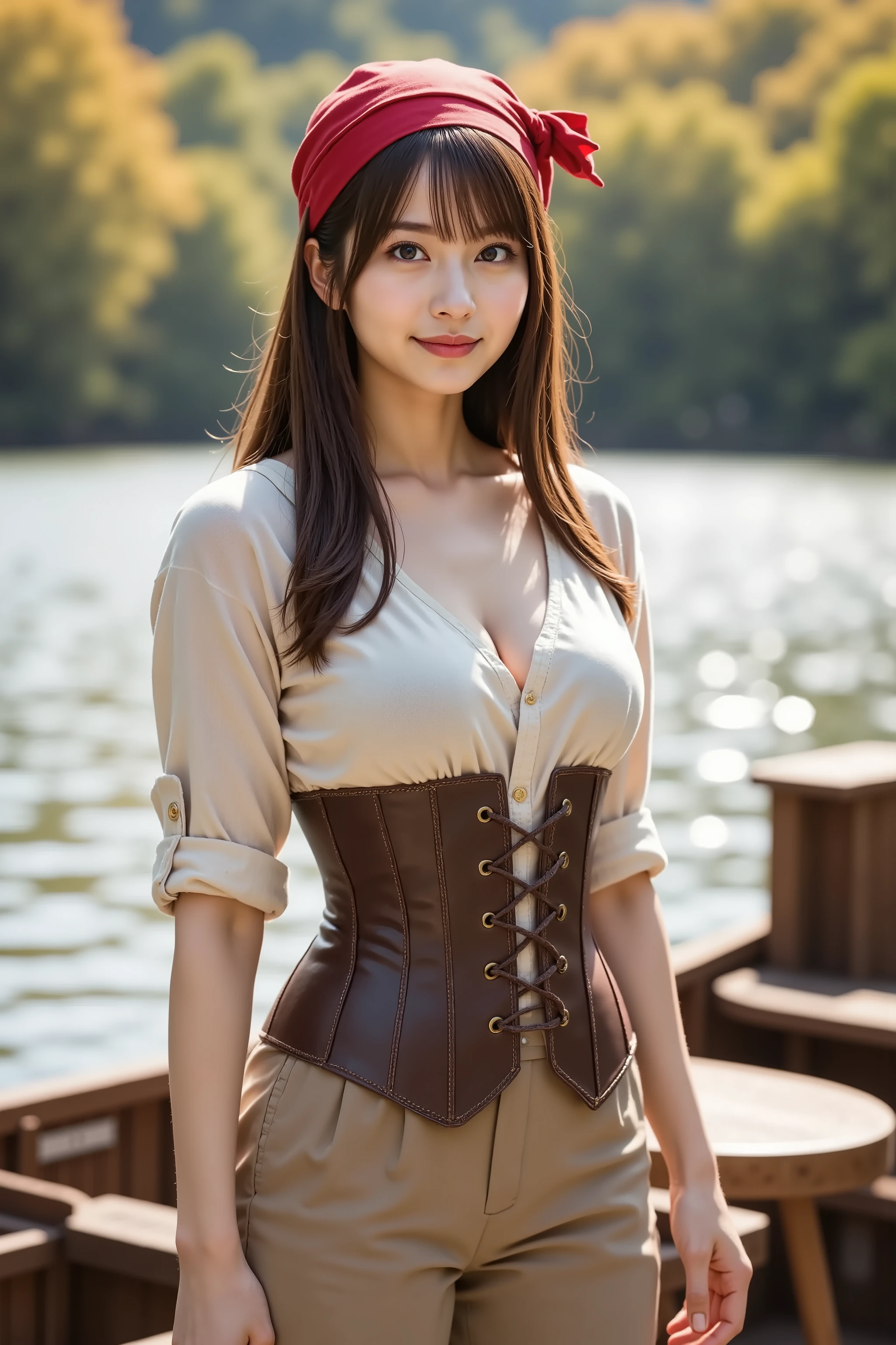 firm and big breasts, cleavage, medium-framed portrait shot from mid-thigh up of a realistic adult woman with head and shoulders fully visible, standing on a weathered wooden boat deck over a calm freshwater lake with ambient golden hour sunlight filtering through deciduous tree leaves and casting dappled highlights across wooden planks, background featuring softly blurred forest and rippling water reflections, wearing a vibrant red cotton bandana headscarf tied at the nape with subtle embroidered crescent motif, long loose blonde hair with warm honey highlights flowing over shoulders, crisp off-white linen blouse with rolled-up sleeves edged with delicate stitch trim and a modest gathered bust seam, structured brown leather corset with embossed seam details and brass eyelet lacing with subtle weathered patina, lightweight tan cotton shorts with faint sun-bleached cuff edges and a red sash wrapped around hips secured by a weathered leather belt with round brass buckle, bare forearms and fingers relaxed at sides, natural warm skin tones with realistic microtexture and soft sheen on collarbone, full supple bust accentuated by blouse neckline dropped into a wide deep cleavage supported by gentle forward posture to emphasize bold robust curves and shadows, minimal natural makeup with soft matte complexion, subtle warm blush on cheeks and eyelids and slight peach lip tint, eyelashes individually defined, camera at eye level using an 85mm lens at f/2.0 for shallow depth of field and creamy bokeh, overhead softbox key light with fill light softening shadows and slight warm rim light highlighting hair contours, high-resolution photorealistic rendering capturing lifelike textures of fabric, leather, wood grain, and water reflections, balanced cinematic color grading with neutral background and warm highlights, no anime or cartoon style, composition centered, confident gaze directed at camera