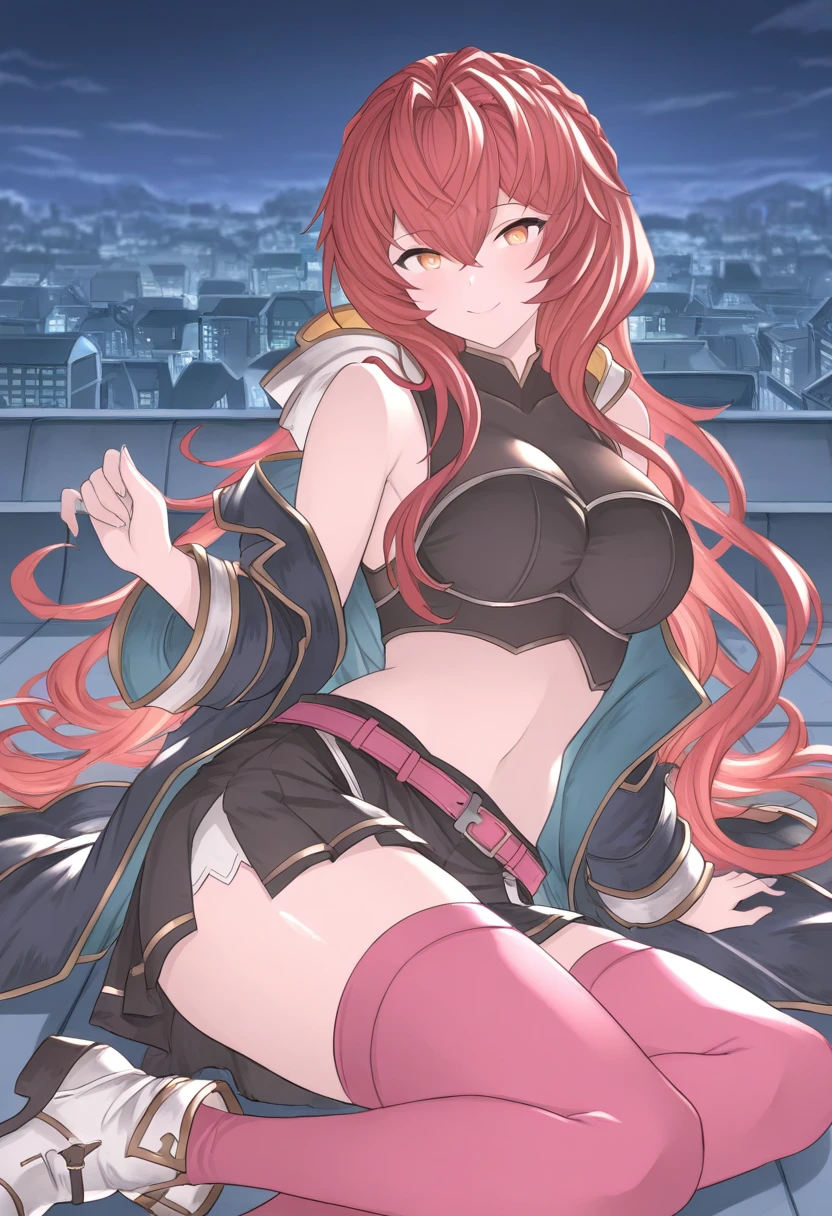 saturated red hair, Princess Hair, very long twintails, large full breasts, Glossy skin,  Pink lips, Peach-colored cheeks, Blue eyes, Golden earrings, Shining starry sky, Rin々Shishi Face, A slight smil, hand-held weapons, cyberpunked, Navel is visible, I can see my stomach, thick belt to decorate pants, Facing up