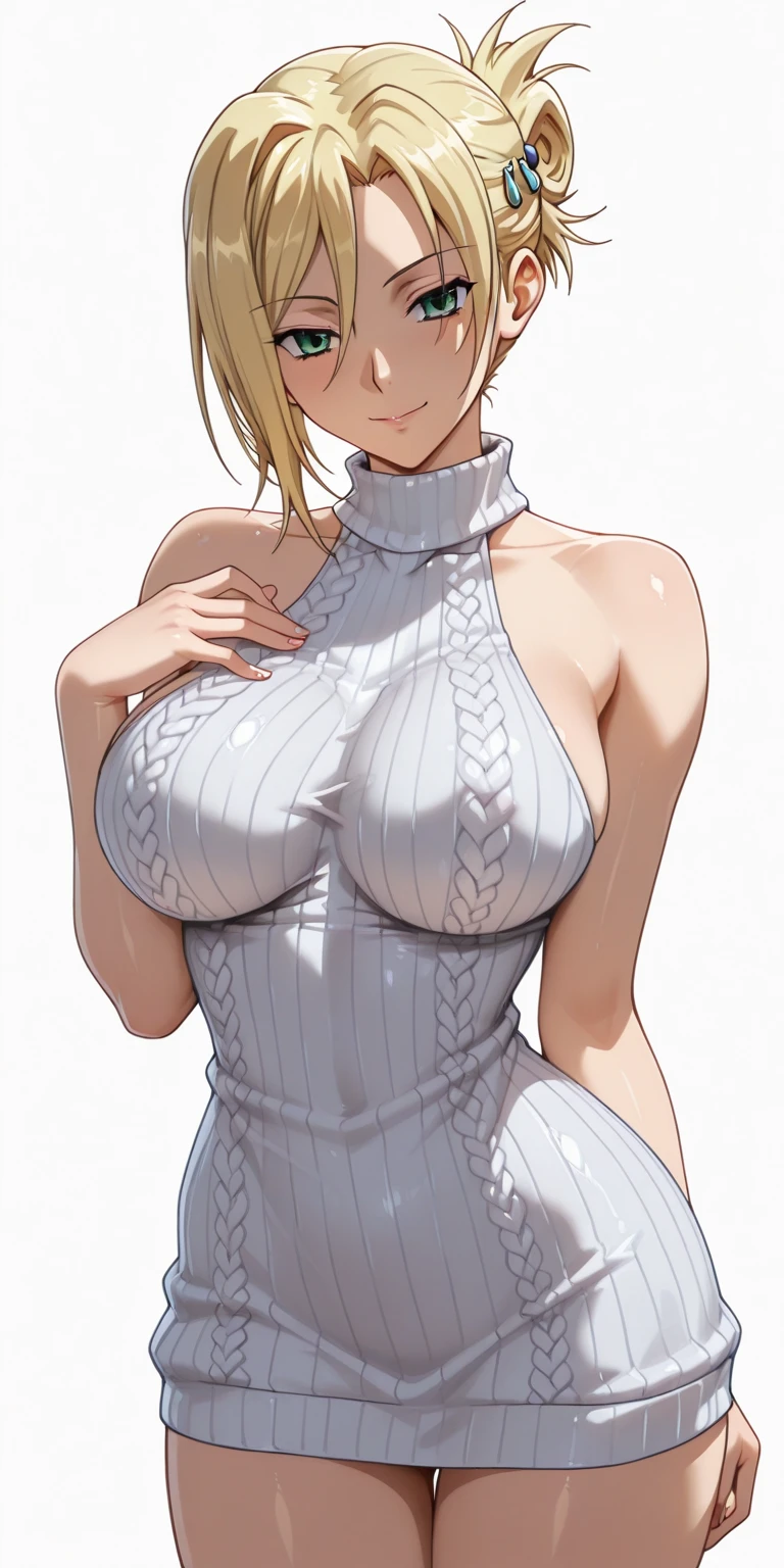 ((highest quality)), ((masterpiece)), (detailed), (Character Focus、breast focus), (One Girl: 1.5)、4k、((Symmetrical facial features)), Anime 2D Rendering, Realistic young anime woman,
Perfect Face, (Anime eyes:1.2、Beautiful fine details、Shining Eyes), Beautiful body, Beautiful thighs, Beautiful feet, (Dark Skin:1.5)、Perfect round butt、 Slightly larger breasts、20-year-old、
((Blonde:1.4))、(ponytail)、dark red eyes、Earrings、Gold Necklace、
((White sleeveless high neck sweater dress:1.4)、High heels)、
Captivating smile、turn around、
