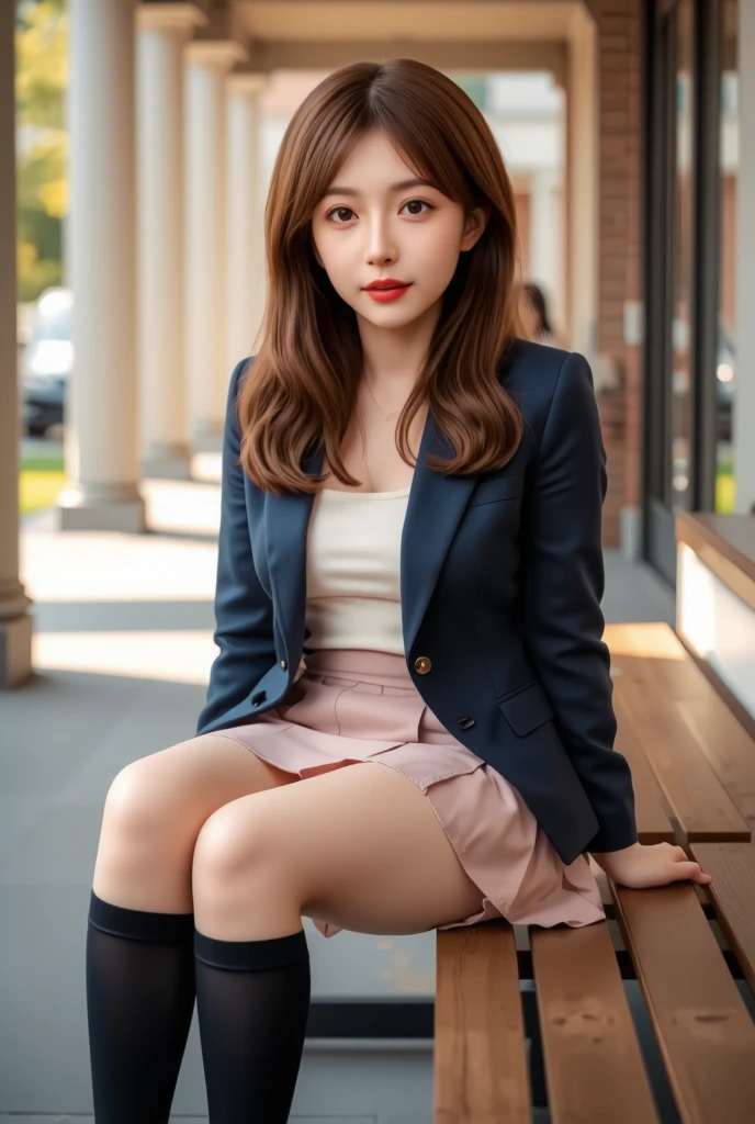 a 17 year old girl, she is the most beautiful actress in the world, the perfect body proportions of this girl, the blazer is appropriately buttoned up on the formal shirt above the short skirt, indirect bulge of her clothed large breasts, she is sitting on the bench with her legs open, exposed panties between her opened legs, above her head and below her anus area of the panties between her opened legs on the bench are no spece of this photo, it's just the front of her body, it's just one description, her feet are both apart, at the street, nsfw, best quality, highly detailed, masterpiece, ultra high res, photo realistic, 8k, RAW photo