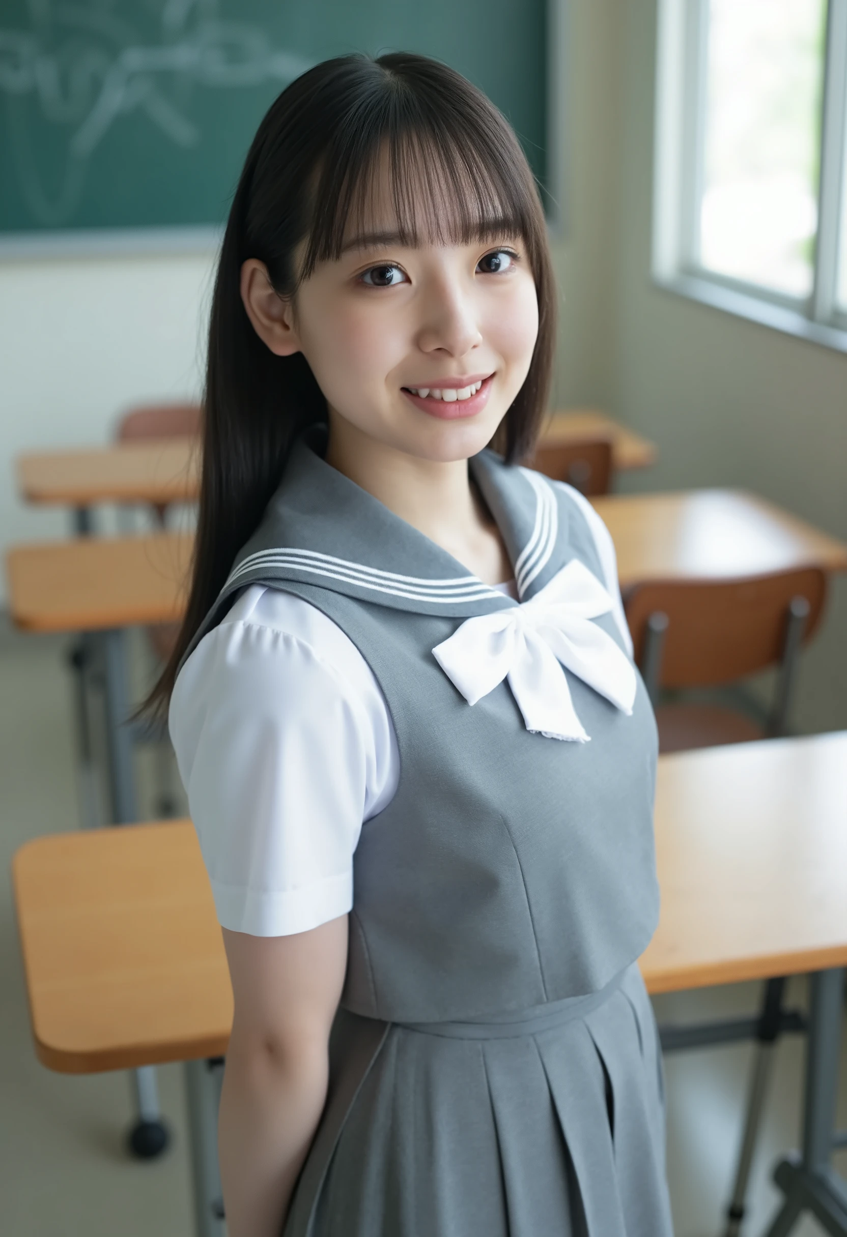 (Canon), (EOS R5), (50mm), (((photorealistic:1.5))), ( No Lens Flare :1.5), ((超high resolution)), (masterpiece), accurate,(realisticな質感の肌), Super Detail, High Detail, High Quality , winning work, 最High Quality, 32K, depth of field in shallow water, digital camera, award-winning glamour photo , professional lighting, (SFW), ((最High Quality:1.5)), ((masterpiece:1.5)), ((realistic)), high resolution,realisticな影, Roughness, Real Life,(Sometimes Wears a Black Suit), (The cuteness of a top Japanese idol), ((Upper body shot seen obliquely from the front :1.5)), (( upper body shot from head to knee :1.5)), (( cute 18-year-old Japanese high school girl )), ((high school classroom, desk, chair, blackboard, and window visible )), (((Short-sleeved sailor suit with all gray collar and clothes :1.8))), (((襟と胸当てが灰色で3本の白色ラインがある半袖の白色夏服セーラー服と gray flared skirt with 1 big face を着て椅子に座っている:1.8))), (( short sleeve white sailor suit with gray collar and chest :1.8)), (( no front buttons on a sailor suit :1.8)), (( sailor suit bib is gray with 3 white lines :1.5)), (( gray flared skirt with 1 big face :1.5)), (( white scarf for sailor suit :1.8)), ((gray scarf closure :1.5)), ((No Accessories:1.5)), ((no earrings:1.5)), ((Without necklace:1.5)), ((Women's watch on her left arm )), ((very cute high school girl who feels young)), Attractive cuteness , Seductive Poses, height 160cm, slim figure, Beautifully shaped bust, d cup, ((少し歯が見える very cute smile:1.5)), (alone:1.5), (There is only one person in the classroom), (brown eyes in the bedroom:1.9), ( Detailed depiction of extremely realistic skin ), (Highly detailed, realistic eyes:1.9), ( extremely beautiful long realistic eyelashes ), (Highly detailed, realistic eyebrows), (丸いbrown eyes in the bedroom :1.8), ( beautiful catchlight on the eyes), (Realistic lips with moisture ), (White Realistic Teeth Arrayed Neatly), ( Beautiful and Detailed Face :1.6), (hourglass figure:1.6), (Wasp waist :1.5), (Perfectly round and beautifully shaped breasts:1.8), ( clearly contoured cheekbones :1.5), (perfectly shaped body :1.8), (Healthy body :1.8), (Narrow shoulders:1.9), (Staring at Viewers), (seductive gaze), (Beautiful, natural-looking hands), (beautiful pink nails with a beautiful length), ( show your hands as little as possible ), ( very cute smile:1.1), ( her stomach and navel may be slightly visible:1.4), (black hair medium hair :1.3), (beautiful black hair), (bangs), natural atmosphere, Very cute type, beautiful thighs, ((evening classroom)), (( with a pencil case and notebook on her desk :1.4)), (( show your hands as little as possible )), ((I can't show my feet)), blur background, Illuminate the face, dynamic pose, beautiful body line , Beautiful, realistic skin , Art Photography, beautiful soft writing, accurate手の形,accurate指の形,accurate指の数,5 fingers on one hand ,((No watermark, No signature))