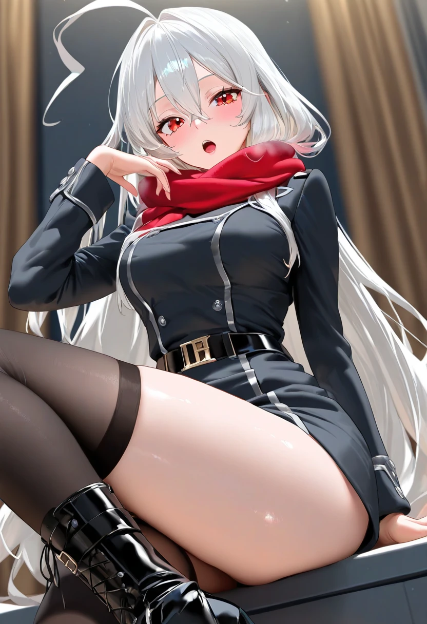 tmasterpiece, best qualtiy, light grey sweater, looking at viewert, thigh boots, whaite hair, lie, full bodyesbian, ssmile, your legs, upper legs。