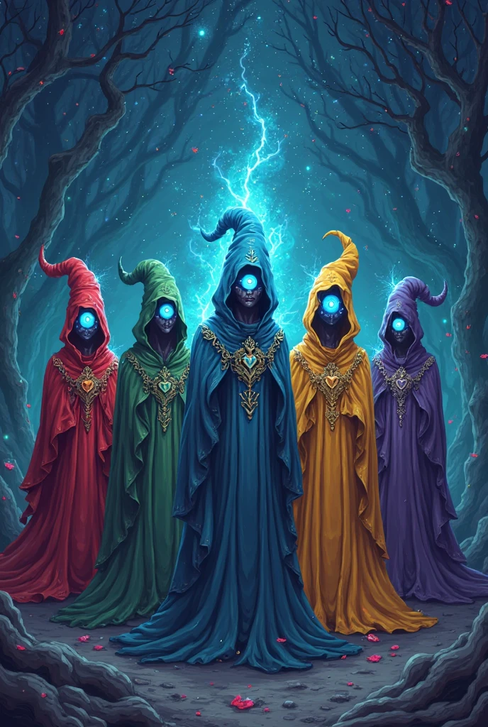long shot, a group of yellow masked cultists making a ritual in the forest, cosmic horror, tentacles, dark mood, dark ambient, night, horror, blood, terrific, fear, panic, despair, dark yellow shadowy mist