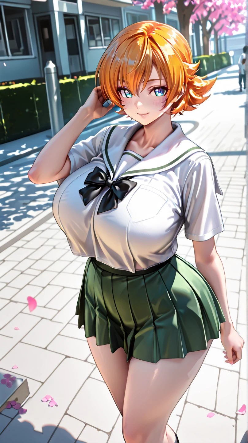 absurd, 8K, high resolution, ultra detailed, beautiful, masterpiece, best quality, very pretty woman, young, (very big breasts:1.1), detailed woman's face, very attractive, (teacher:1.2), ponytail, full body, yotsuba nakano, bangs, short hair, blue eyes, hair between eyes, hair ribbon, hairband, orange hair, (green ribbon:1.1),