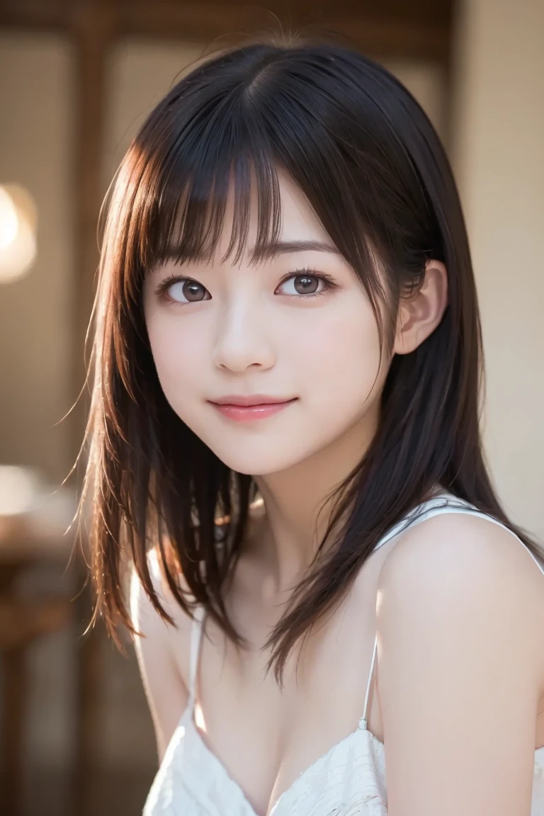 (Tabletop)、(highest quality:1.5)、(Realistic:1.5)、(1 person:1.5)、(Very detailed)、(High resolution)、8k、Dynamic composition、camisole、normal breasts、Natural color lips、Cute Smile、Cute Smile、20-year-old girl、(Beautiful and elaborate face)、(Perfect and beautiful face)、(Big eyes)、(Beautiful and elaborate face)、(Balanced eyes)、Perfect and beautiful double eyelids、Perfect and beautiful face、Arched eyebrows、 Thin eyebrows、Feminine poses、Slim face and figure、Beautiful and thin nose、 Beautiful Skin、(Medium Bob Hair)、Natural Bangs、Fair skin、Front lighting、Lighting the face、