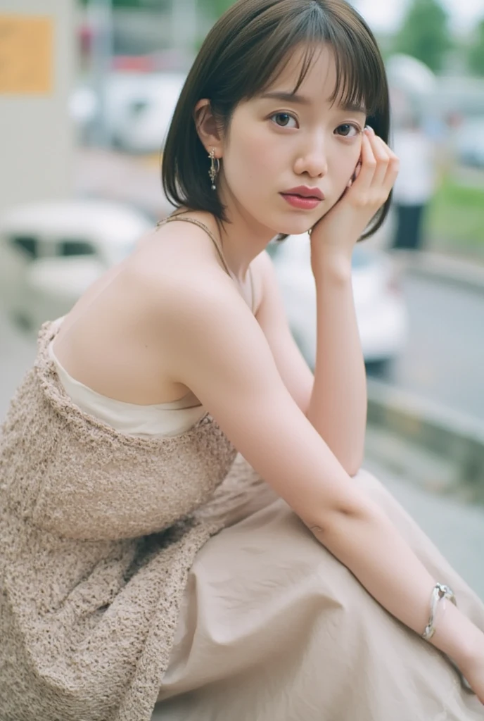 ((8K:1.27)、top-quality、masterpiece、超A high resolution:1.2)Photo Beautiful Japan woman(pleasing:1.1) Elegance、There is a good、Gradient lighting、1girl in、Delicate skin、Look here、Brown-eyed、(short hair with bangs:1.2)、(Medium chest:1.0)、(medium areola:0.8)、(realisitic:1.4)、(top-quality:1.0)、(超A high resolution:1.0)、8K、Raw photography、(masterpiece:0.2)、(pureerosface_v1:0.5)、Plain Rib Knit Cami Top、Neck clogged design、Round Neck、Sleeveless、Kamimei、excited expressions、Red cheeks、want me、Staring at this、Park at night、Leaning against a large tree、erect through、Brightness of streetlights、total darkness、subject、look down from above、Lean、、Watched、