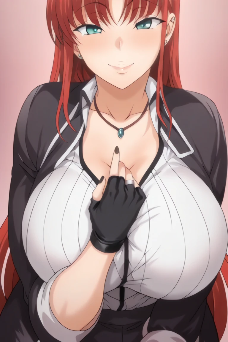 Erza Scarlet, long hair,red hair, brown eyes, naked, long white elbow gloves, warm smile, looking at viewer, giving a man a handjob, stroking penis, grab penis