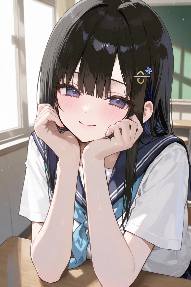 black hair、straight hair、small hair ornament、school uniform、Beautiful Girl、Classroom、smile、