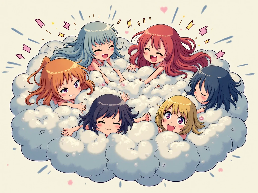 An anime-style illustration depicting many idols playfully wrestling with each other inside a comical fight cloud.
each idol has different  colored hair.
their faces,hands,and feet are visible emerging from the cloud as they tussle humorously,  with the rest of their bodies completely hidden inside the cloud.
the illustration emphasizes the humorous and energetic nature of their scuffle,with a fluffy  andexaggerated fight cloud.