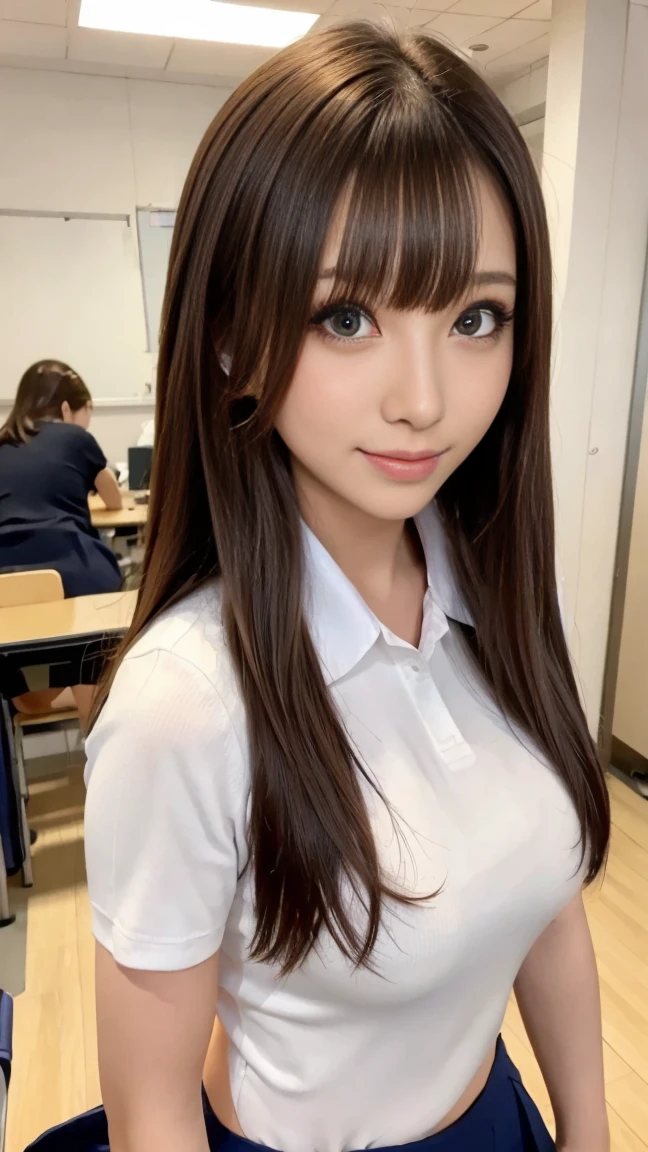 ((Tabletop)), (Detailed face), (highlight),　Asian Girl、Black Hair、Heavy bangs、high school girl、skirt、blazer、Support your chest with your arms、Gazing Eyes、