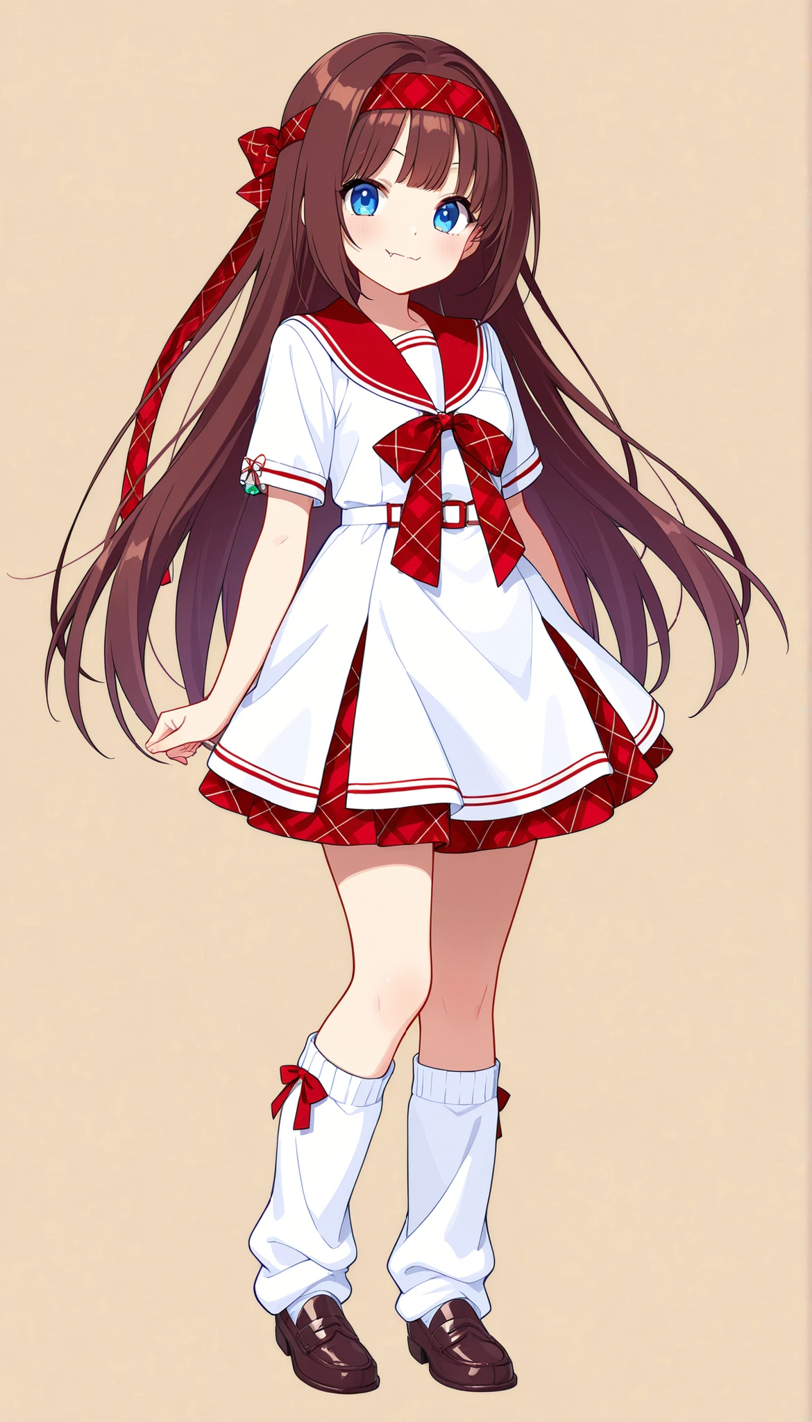 (((Highest Quality))), (Simple background), single, fullbody, standing, 1girl, headband, ribbon on headband, very long hair, bangs, brown hair, blue eyes, accessories, school uniform, white dress with red plaid trimming, sailor collar, leg warmers, loafer shoes, happy, fang out,