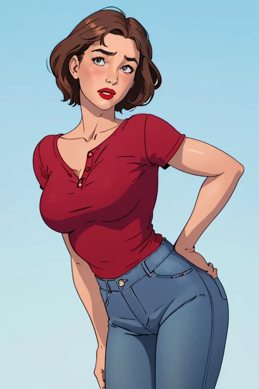pretty woman, (1girl:1.3),
Peplum Top,
Brown highlights hair,
Pixie cut,
High-waisted shorts,
rubenesque, pinup,
cowboy shot, standing , in a retro-futuristic setting, atompunk style,