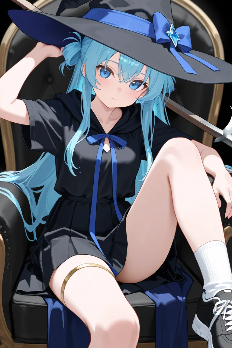 (masterpiece), (Highest quality), One girl, (Roxy Migurdia), Blue Hair, Long Hair, Hair between the eyes, Ahoge, Twin Blade, blue eyes, witch hat, Small breasts, White collared shirt, Long sleeve, Wide sleeves, White capelet, Black Skirt, Black socks, White boots, looking at viewer, (white Lace panties), (show off panties), (squatting: 1.3), spread legs, (skirt lift), cowboy shot, indoor,