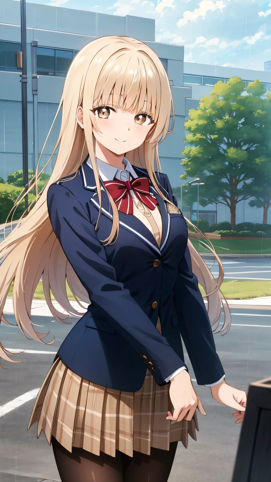 {{{masterpiece}}}, (best quality:1.5), (ultra-detailed:1.5), {illustration}, {{an extremely delicate and beautiful}}, (beautiful detailed eyes:1.6), absurdres, highres, extremely detailed face, 16k, hd, visual anime de uma jovem mulher, extremamente bonito rosto de anime, anime melhor garota, (perfect hands, perfect anatomy), anime face, Shiina Mahiru(The Angel Next Door Spoils Me Rotten), aamahiru,1girl, solo, cute face, long hair, Blonde Hair, (Brown eyed:1.5), (High resolution eyes, Beautiful eyes Light in the eyes), flushed cheeks, Slender, medium breasts, big hips, curvaceous, BREAK, red bowtie, (blue jacket:1.1), blazer, long sleeves, white shirt, pleated skirt, plaid skirt, brown skirt, (black pantyhose:1.3), thighs, BREAK, Rainy day, cute face, smiling, looking at viewer, outdoor, rain, rain clouds, public park