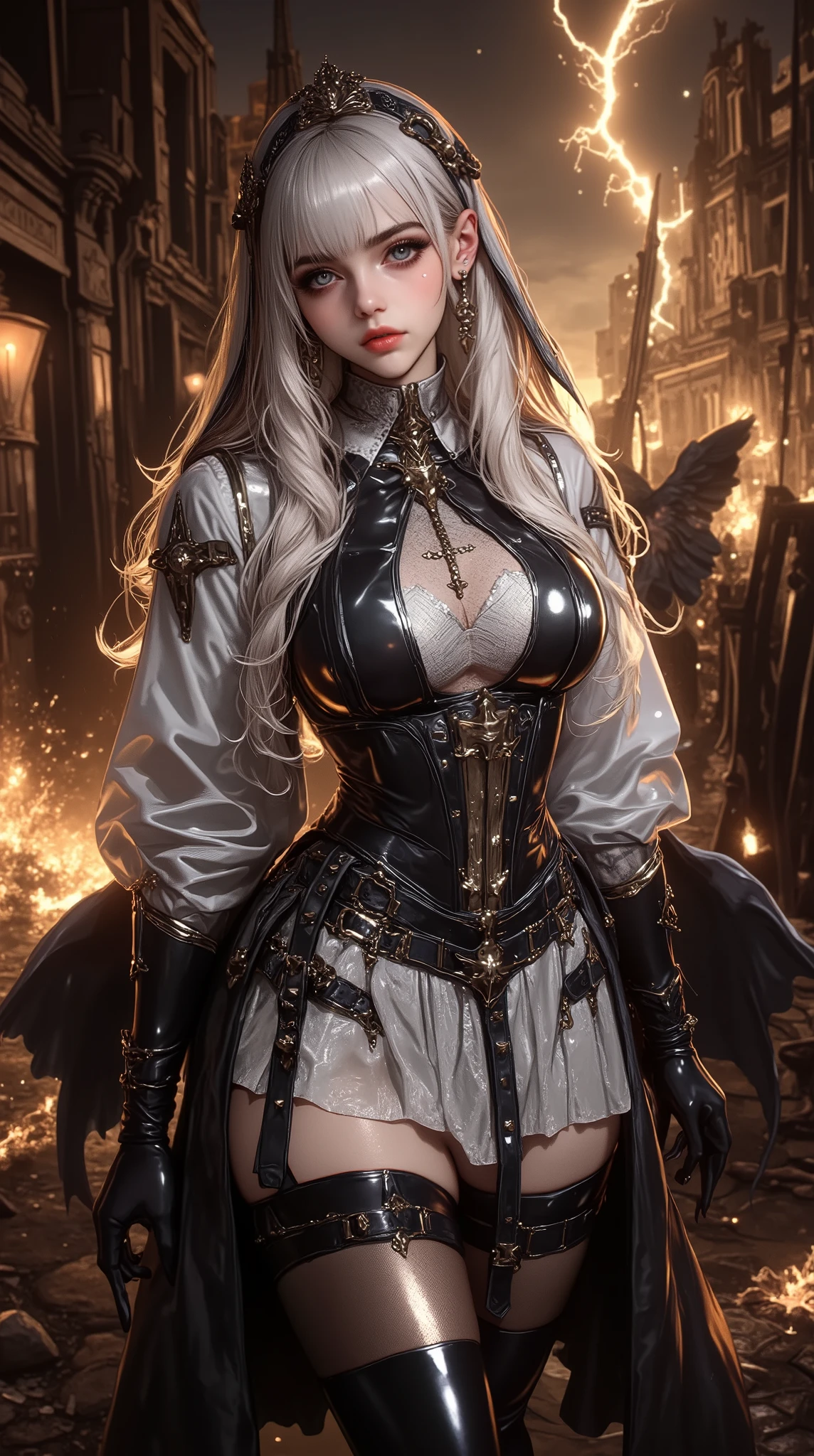 (best quality, highres), beautiful bombshell, yong woman, big bouncing breasts long platinum blonde hair in braids, stunning fashion, intricate corset, lace gloves, gears and clockwork accessories, mechanical wings, Victorian-inspired, vibrant color palette, dramatic lighting