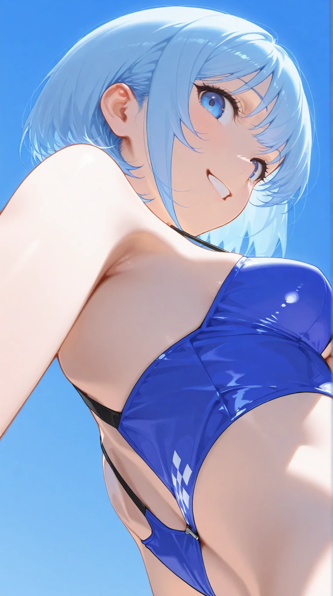 (top-quality、in 8K、32K、masterpiece、超A high resolution、Impressionism、Photorealistic:1.2), (Masterpiece, Slim Body, Delicate Fingers: 1.2), Best Quality, (Illustration: 1.2), (Hyper Detail), Eye Focus, Ultra Detail, (Fine Detail), (Intricate Detail), HDR, (Ultra Detail: 1.15), (Soft Light: 1.2), (1 girls), Inside the classroom, Wear, (( sports bra) , (blushing:1.3), (White hair and blue highlights),cyan eyes, teenager, embarrassed face, medium, short hair, solo, multicolored hair, ahoge, (flats chest:1.2), mismatched pupils, multicolored eyes, high quality, best quality, full body image,