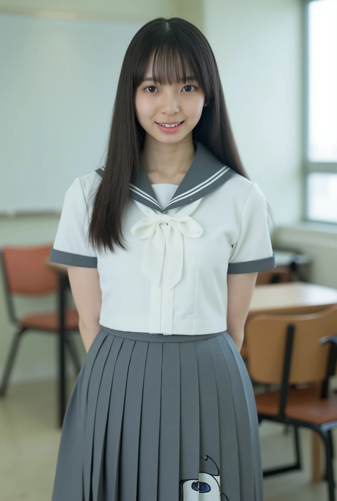 (Canon), (EOS R5), (50mm), (((photorealistic:1.5))), ( No Lens Flare :1.5), ((超high resolution)), (masterpiece), accurate,(realisticな質感の肌), Super Detail, High Detail, High Quality , winning work, 最High Quality, 32K, depth of field in shallow water, digital camera, award-winning glamour photo , professional lighting, (SFW), ((最High Quality:1.5)), ((masterpiece:1.5)), ((realistic)), high resolution,realisticな影, Roughness, Real Life,(Sometimes Wears a Black Suit), (The cuteness of a top Japanese idol), ((Upper body shot seen obliquely from the front :1.5)), (( upper body shot from head to knee :1.5)), (( cute 18-year-old Japanese high school girl )), ((high school classroom, desk, chair, blackboard, and window visible )), (((Short-sleeved sailor suit with all gray collar and clothes :1.8))), (((襟と胸当てが灰色で3本の白色ラインがある半袖の白色夏服セーラー服と gray flared skirt with 1 big face を着て椅子に座っている:1.8))), (( short sleeve white sailor suit with gray collar and chest :1.8)), (( no front buttons on a sailor suit :1.8)), (( sailor suit bib is gray with 3 white lines :1.5)), (( gray flared skirt with 1 big face :1.5)), (( white scarf for sailor suit :1.8)), ((gray scarf closure :1.5)), ((No Accessories:1.5)), ((no earrings:1.5)), ((Without necklace:1.5)), ((Women's watch on her left arm )), ((very cute high school girl who feels young)), Attractive cuteness , Seductive Poses, height 160cm, slim figure, Beautifully shaped bust, d cup, ((少し歯が見える very cute smile:1.5)), (alone:1.5), (There is only one person in the classroom), (brown eyes in the bedroom:1.9), ( Detailed depiction of extremely realistic skin ), (Highly detailed, realistic eyes:1.9), ( extremely beautiful long realistic eyelashes ), (Highly detailed, realistic eyebrows), (丸いbrown eyes in the bedroom :1.8), ( beautiful catchlight on the eyes), (Realistic lips with moisture ), (White Realistic Teeth Arrayed Neatly), ( Beautiful and Detailed Face :1.6), (hourglass figure:1.6), (Wasp waist :1.5), (Perfectly round and beautifully shaped breasts:1.8), ( clearly contoured cheekbones :1.5), (perfectly shaped body :1.8), (Healthy body :1.8), (Narrow shoulders:1.9), (Staring at Viewers), (seductive gaze), (Beautiful, natural-looking hands), (beautiful pink nails with a beautiful length), ( show your hands as little as possible ), ( very cute smile:1.1), ( her stomach and navel may be slightly visible:1.4), (black hair medium hair :1.3), (beautiful black hair), (bangs), natural atmosphere, Very cute type, beautiful thighs, ((evening classroom)), (( with a pencil case and notebook on her desk :1.4)), (( show your hands as little as possible )), ((I can't show my feet)), blur background, Illuminate the face, dynamic pose, beautiful body line , Beautiful, realistic skin , Art Photography, beautiful soft writing, accurate手の形,accurate指の形,accurate指の数,5 fingers on one hand ,((No watermark, No signature))