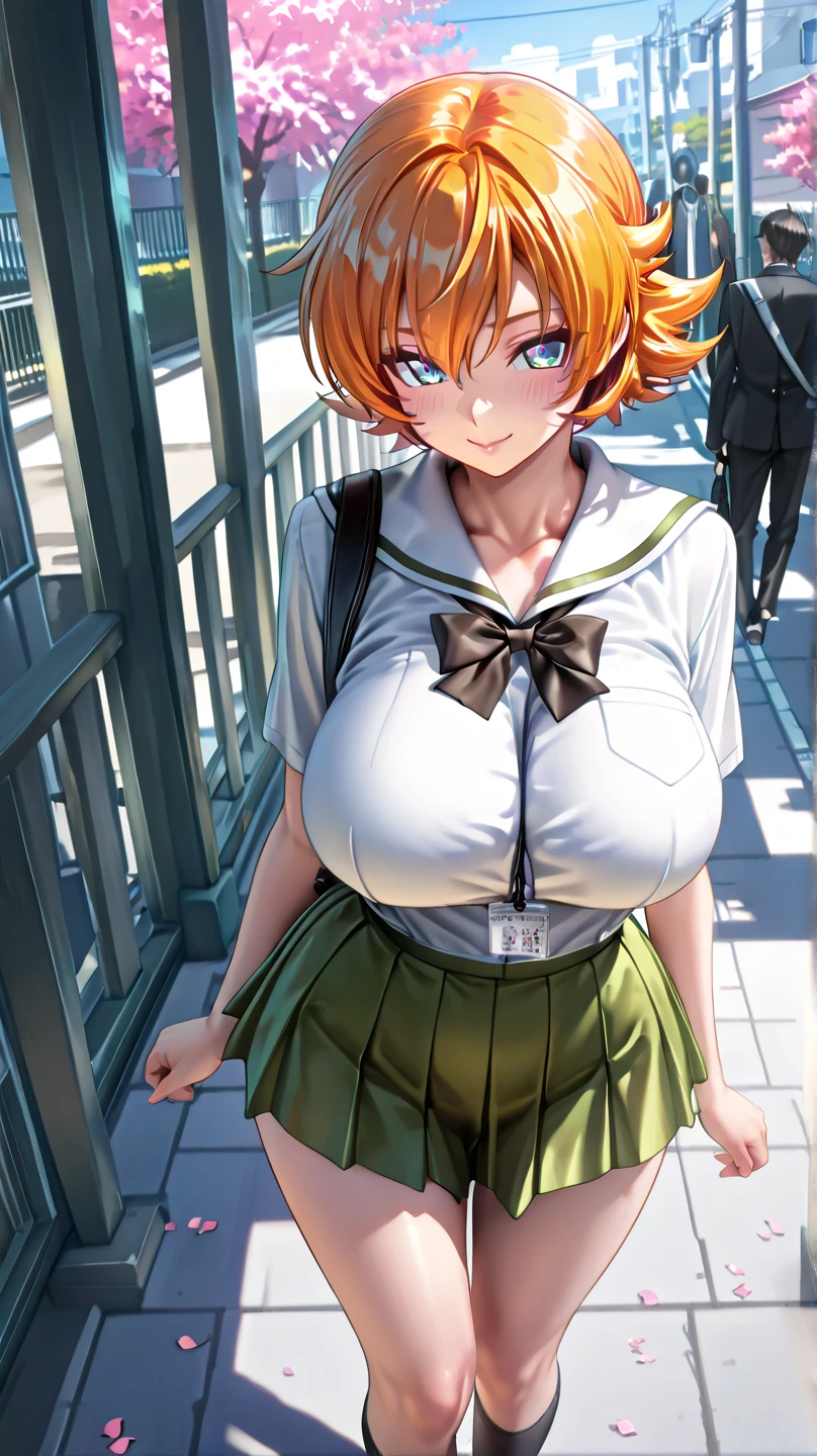 pieces fly、masterpiece、highest quality、Super detailed、High resolution、High resolution、8K portrait、Unity 8k壁紙のHigh resolutionCG、unity 8k wallpaper、cute:1.5、:1.5、Highly detailed CG unity 8k wallpaper、realistic、real person、cute、 portrait photography、shiny skin、High resolution、Orange Bob Hair、(:1.2)、(1 girl)、(Alley:1.6)、(school uniform),perfect face, seriously, (blush:1.5),(((clothing lift:1.5))), (midium breasts:0.8),(((I have nipples))), Detailed description vagina,show vagina,spread legs,spread ,((Orgasm in the vagina:1.5)),((green ribbon:1.2)),((take a pose:1.5))
