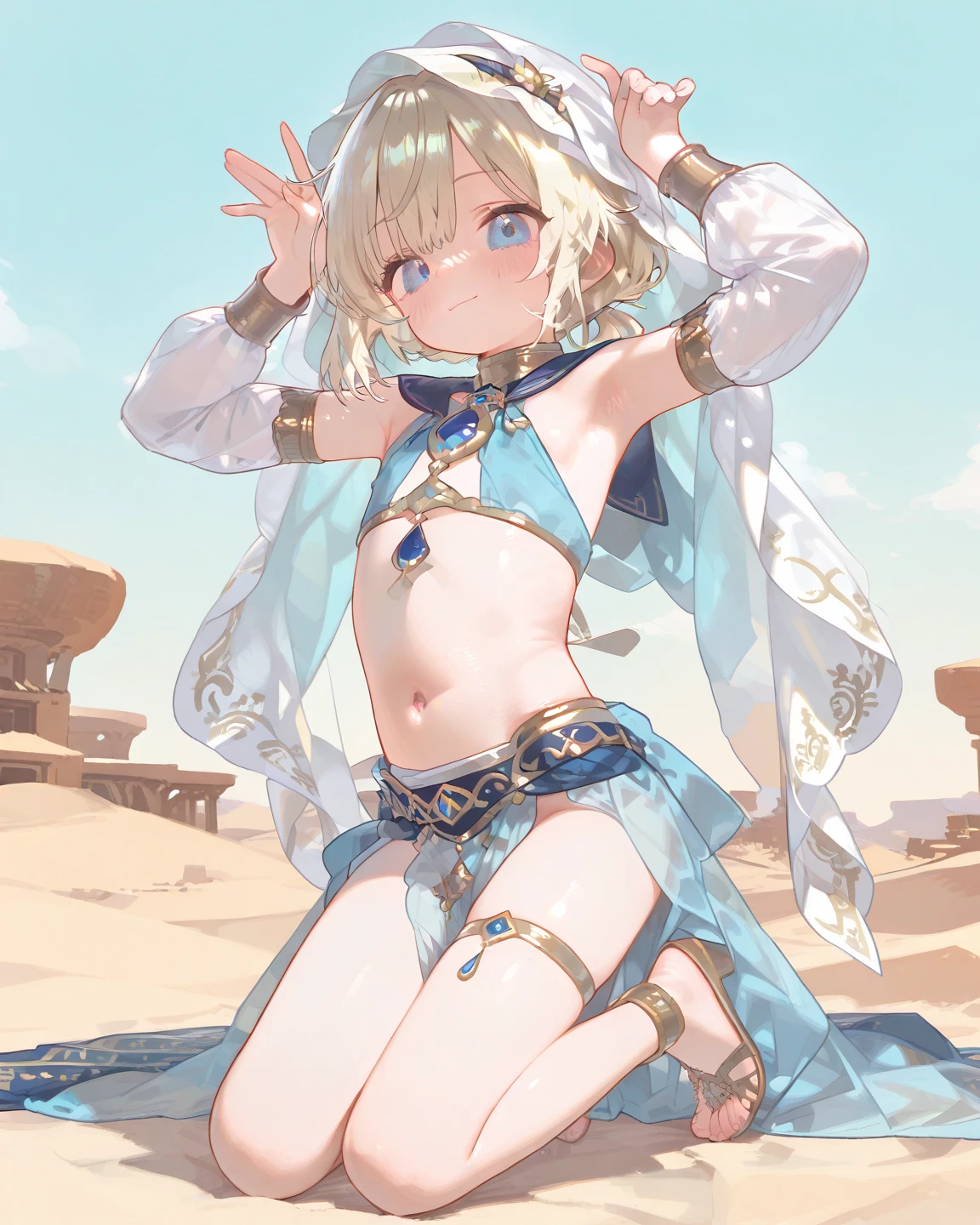 ((kinako (shiratama mochi) style)), colorful eyes, soft style, masterpiece, solo, 1 girl, topless, large nipples, nipples, white sarong, harem outfit, semi transparent skirt, beautiful art, vibrant, flat chests, desert, tent, platinum blonde hair, dancing, different poses, narrow waist, slender legs, hairband, jewely, necklace, bracelet, white mouth veil, veil, headdress, navel, thigh strap, abstract, night, moonlight, light hair, waist pouch, blue eyes, high angle shot, top view, black eyeliner, sparkling, winking, side view, arched back, flexible body, serene face, soft eyes, relaxed, calm, smiling, bonfire, enchanted, thin, ribcage, carpet