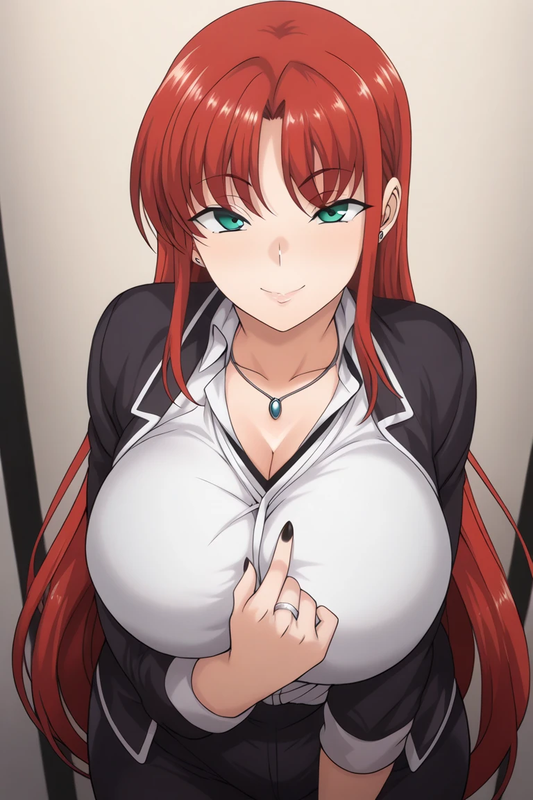 ((high detailed, best quality, 4k, masterpiece, hd:1.3)), landscape, (in office), indoors, business office, Office workers working in the office, many people are busy working, standing, (hands on waist:1.2), window, desk, chair, computer, ceiling light, Princess Daisy, neon blue eyes, BREAK blue eyes, seductive, attractive, sexy smile, smiling, smooth anime cg art, 36C breasts, long legs, vivid colors, detailed digital art, slim body, perfect skin, dark red hair, long hair, dark hair, red hair, BREAK crown, cleavage, 36C cleavage, looking at viewer, BREAK looking at viewer, extremely detailed face, black necktie, tight red skirt, red suit, red jacket, black shirt, red pencil skirt, mini red skirt, full body, (red high heels), earrings, gem, dark black makeup lips, dark gothic eyeshadows, dark eyeshadows, black eyeshadows, black sexy lips, black lips, (dark:1.2), dark lips, very dark lips, (perfect hands, perfect anatomy), black makeup, black medium lips, black thick lips, detailed fingers, five fingers per hand, 5 fingers, (1 girl), detailed lips, detailed black lips, black painted lips, gothic painted lips, BREAK night, (breast focus), (breasts out:1.3),