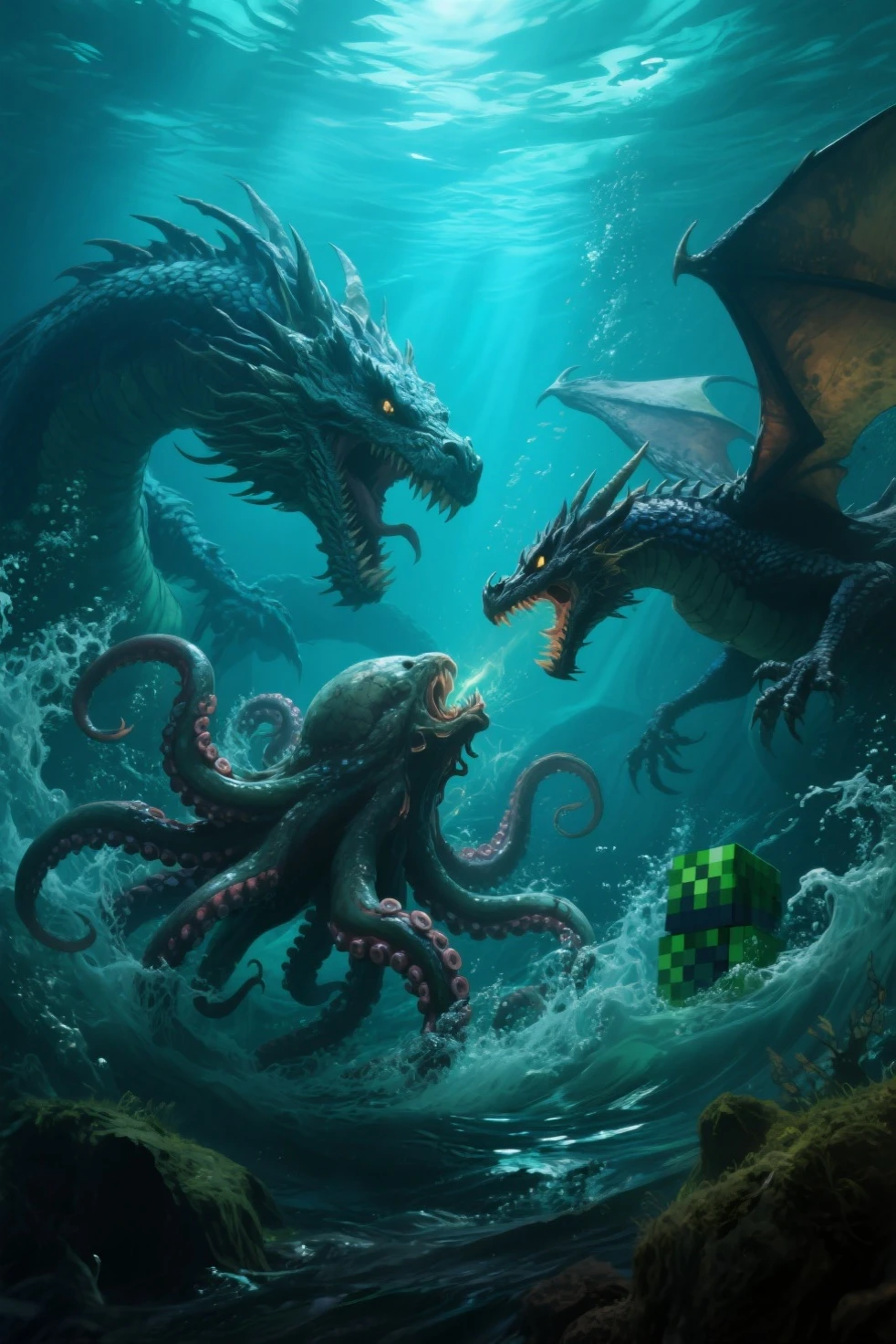 2 men, under the water, in a submarine, surrounded by huge monsters.