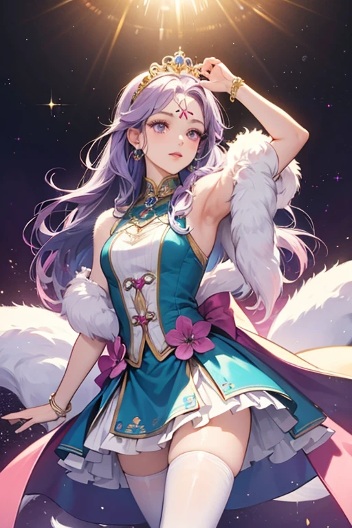 detailed eyes, detailed hands, full body image, humanoid kitsune, wearing kimono dress, diamond crown, light purple hair, light purple fox ears, crystal fox tails, crystallize foxtails, crystal forehead marking