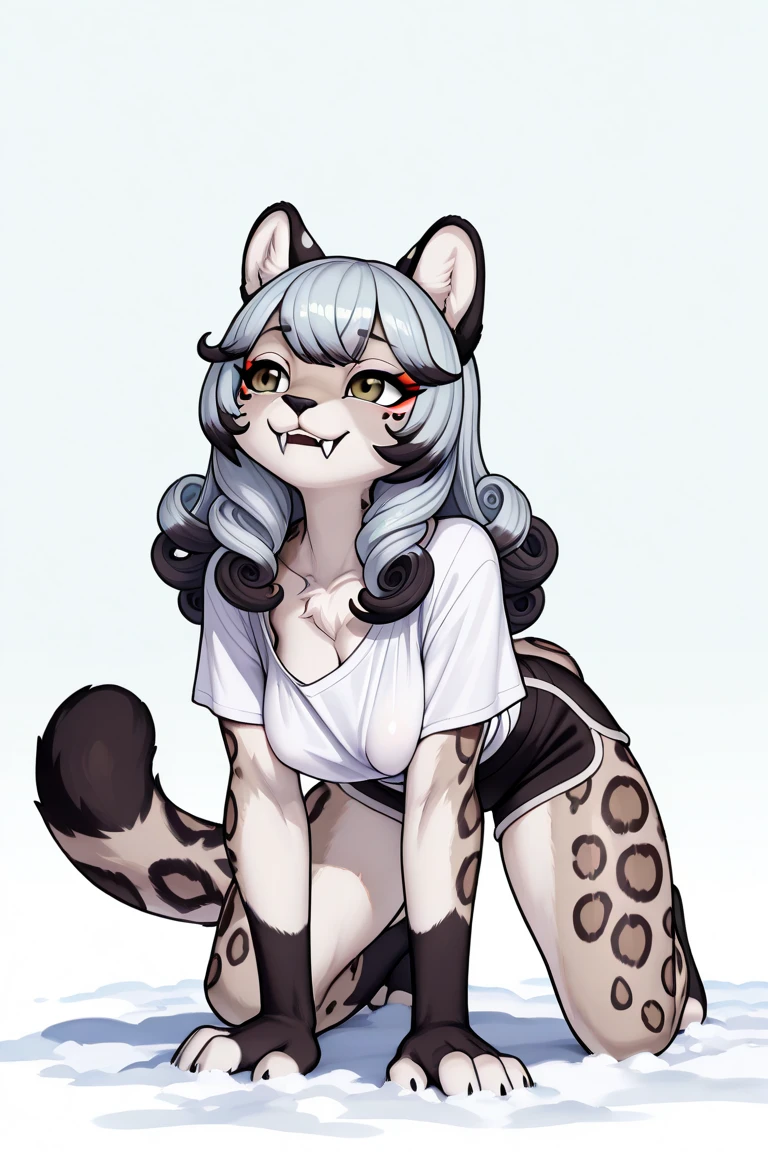 by meesh, (best quality, masterpiece:1), solo, anthro, furry, female, ((Snow Leopard)), blue eyes, white hair, long hair, ponytail, portrait, fingers, finger claws, looking at viewer, snow leopard tail, ((large tuft of hair on the chest)), ((naked)), ((small breasts)), ((visible breath)), ((nerd)), glasses, ((cum on glasses)), ((cum on face)), ((braces)), (shy), ((1woman)), ((large vaginal insertion)), ((creampie)), standing, front view, large nipples, ((shocked expression))