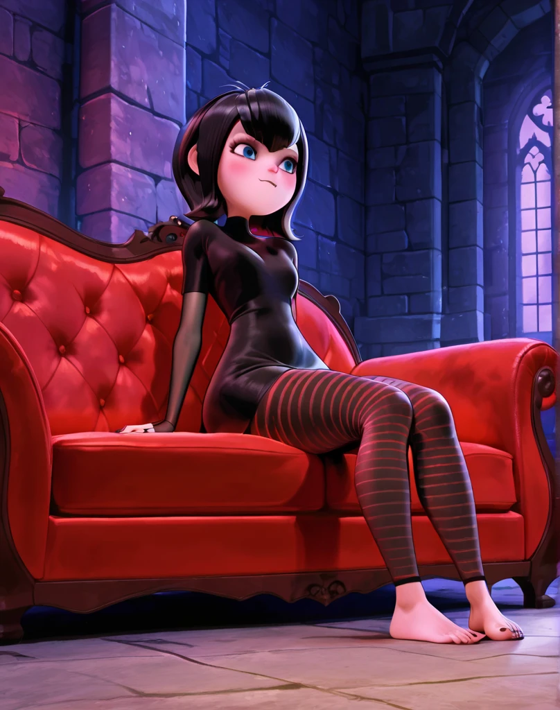 pov, mavis dracula, footjob, toes, nail polish, striped thighhighs, looking at viewer, m_d, black hair, vampire, blue eyes, goth make up, penis, foreskin, closed mouth, serious face, arms behind back