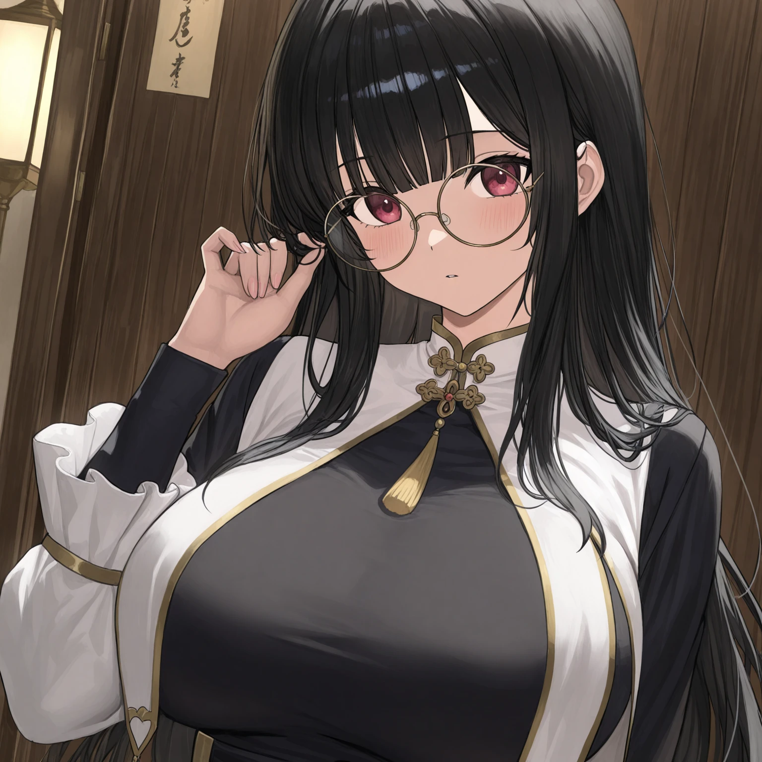 anime style,solo,1girl,hair between eyes,beautiful black hair, beautiful black eyes, glasses,small eyes,straight hair,long hair, hair clip,big breasts