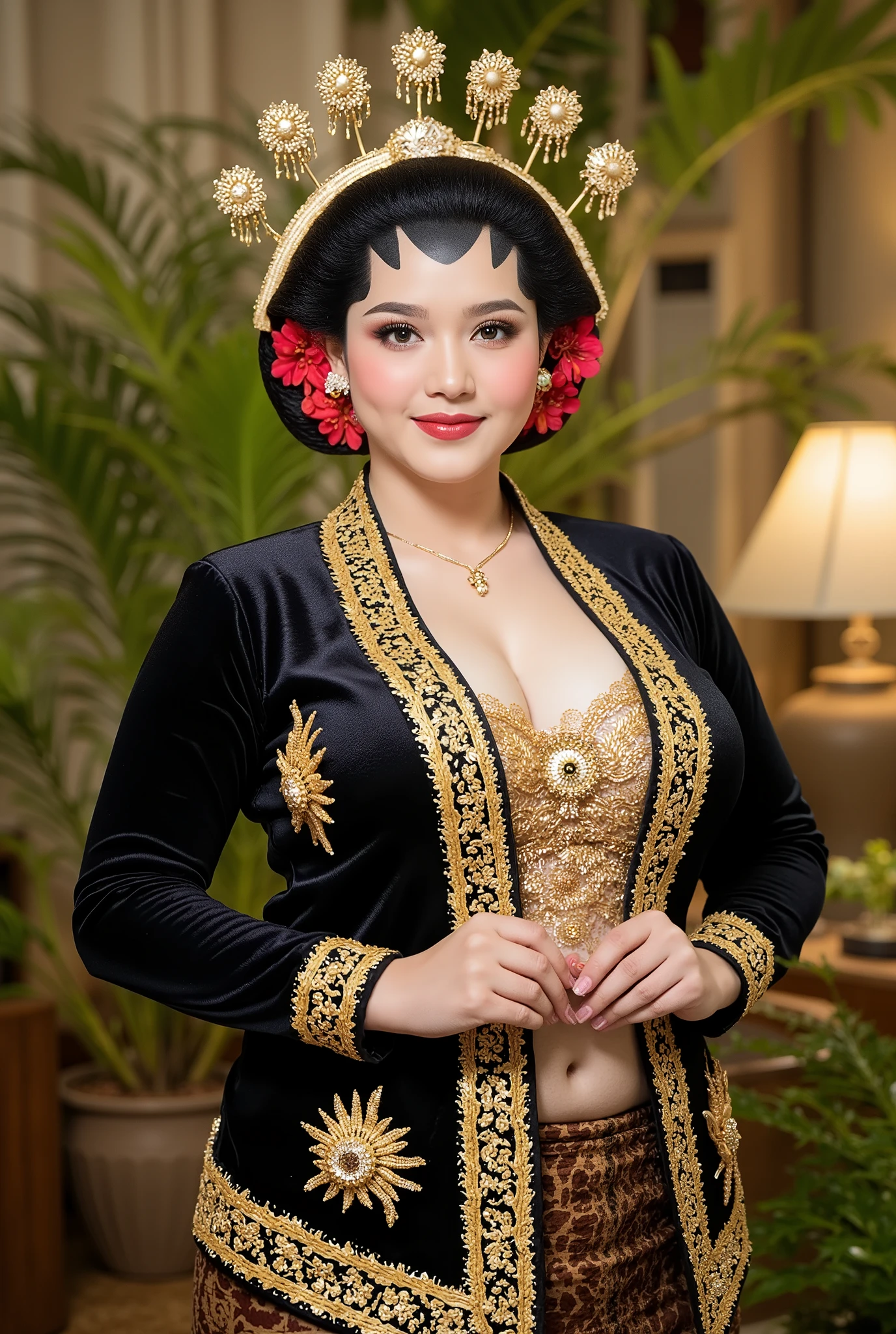 Bbw womwn chubby in kebaya dress, open breast full body