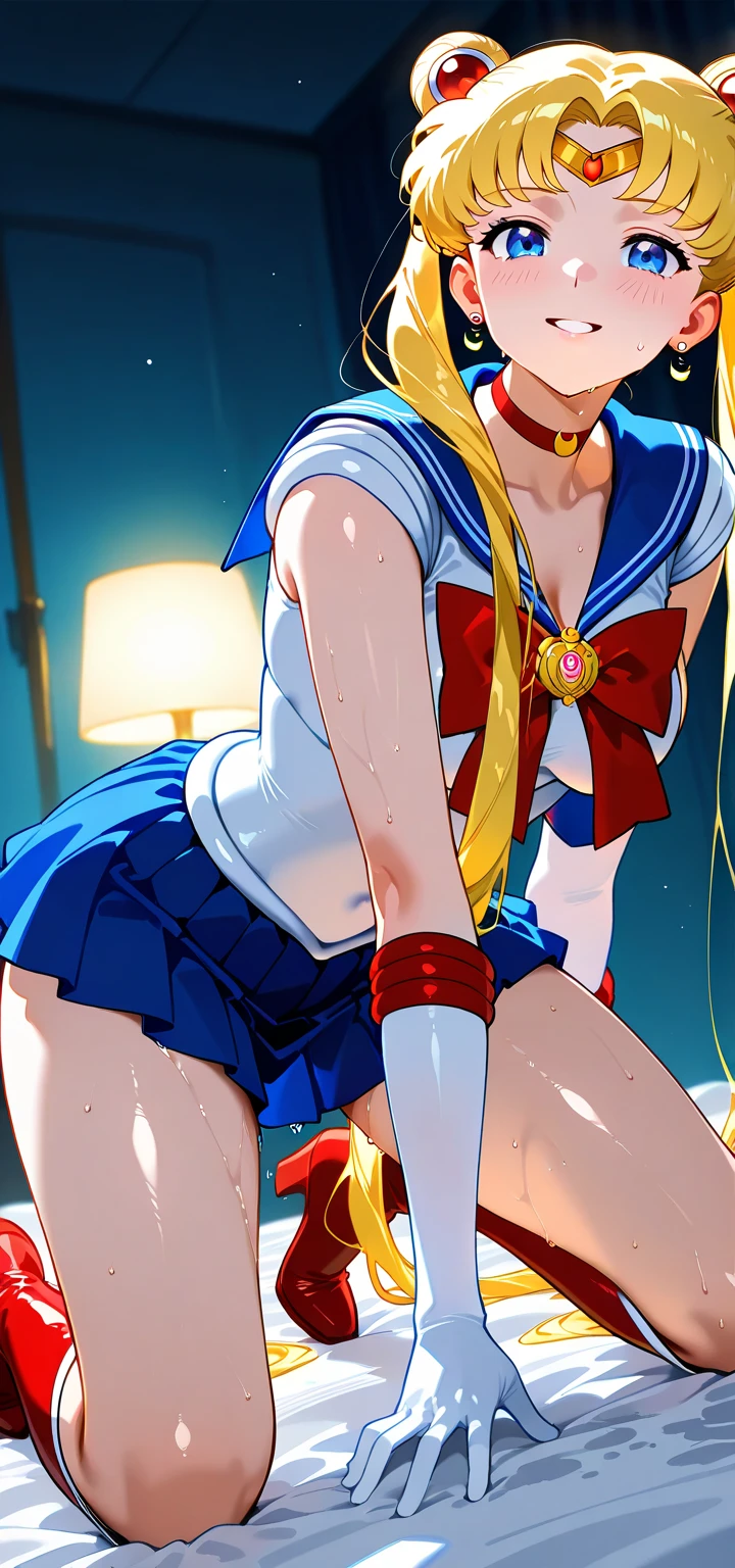 (((((angled view from under skirt, pussy fully visible, ))),masterpiece, highest quality, (1 person), (Sailor Moon R),(Super Sailor Moon uniform), (blonde hair), (red long boots), (detailed face), small breasts, erotic vagina, white wall, (on bed), (bright room: 1.0), (tears in eyes: 1.0),(look of despair: 1.0), white gloves, detailed eyes, detailed face, (love hotel room),(lying on bed: 1.3), highest quality, high resolution, (detailed and beautiful eyes: 1.3), highly (detailed face), (detailed CG), (perfect hands, perfect anatomy: 1.3),(on bed: 1.0),(short skirt:1.3), (skirt flipped up),(vibrant uniform),(red face),(naked lower body: 1.3), (inverted skirt 1.3), (perfect pussy: 1.3), (hairless pussy: 1.3), (crying face: 1.0),(tears in eyes: 1.0),(blood in vagina: 1.3),(roughly violated by man: 1.0),(deep vagina: 1.3),(detailed vagina: 1.3), (spread legs: 1.3), (spreading legs: 1.3),(long ponytail),(pussy focus),(semen covered vagina: 1.3),(lost virginity: 1.3),(tattered uniform: 1.3),(torn uniform:1.3),
