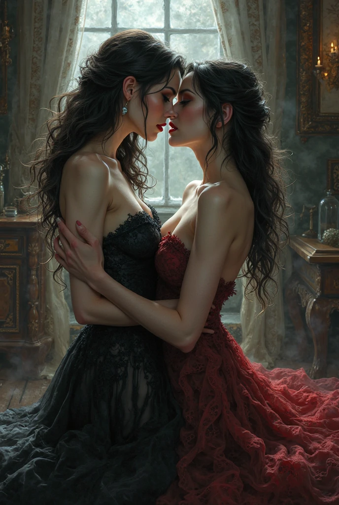 a gothic rock girl with red hair and red eyes and a badass manner kissing a brown haired princess in a royal dress