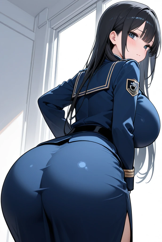 Atago (Azur Lane), 1 female, alone, Long Hair, chest, View your viewers, blush, smile, bangs, skirt, Huge chest, (Huge chest: 1.8), Big Ass, (Big Ass: 1.8), Simple Background, Black Hair, Knee socks, gloves, Long sleeve, White Background, ribbon, Animal ears, Brown eyes, underwear, Hair ribbon, Yellow Eyes, Thighs, Shiny, Recall, Black Knee socks, White gloves, Mini skirt, From behind, Mole, uniform, army, Mole Under Eye, army uniform, Garter Straps, White skirt, White ribbon, Extra ears, Pencil skirt, Panty lines, Viewers showing their backsides