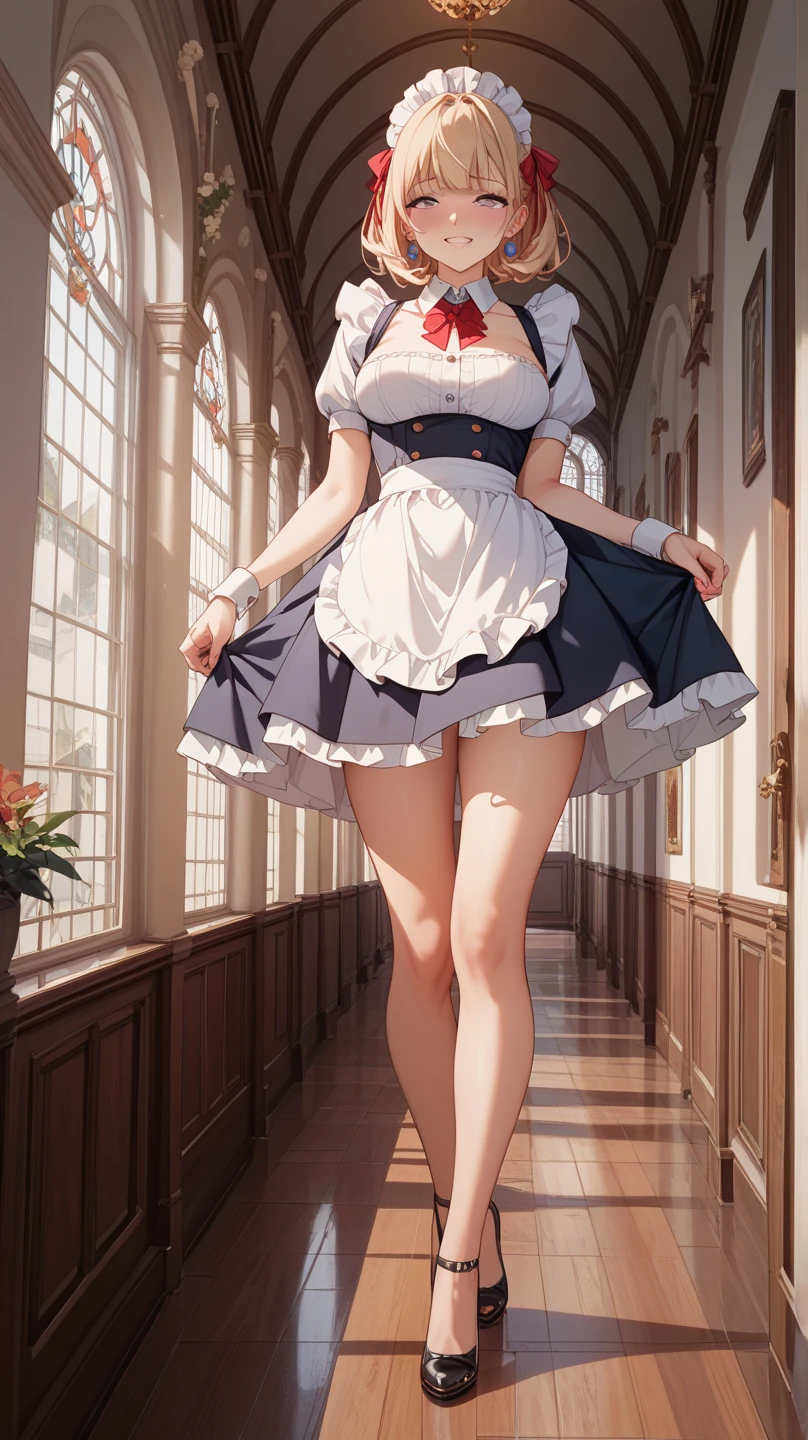 Arafed image of a beautiful girl dressed as a maid and white stockings, anime girl, royal blue maid uniform with miniskirt and ruffles, short sleeves, choker with a blue bow, white apron, low-cut chest, large round , colored inner hair, dark brown hair, bangs, long hair, ponytail, wavy hair, swept bangs, shiny hair, hairclip, hair ribbon, maid headdress, butterfair ornament, aqua eyes, glowing eyes, pupils sparkling, earrings, shy, blush, red lips, glossy lips, teeth, nose blush, embarrassed, (standing, modern mansion, skirt lift), she looks back, you can see her panties, nid buttocks, white liith pretty lace, view from behind, her skirt accidentally rises, upskirt, full body, defineerfect body, high detail, anime, anime style, chiaroscuro, depth of field, dithering, image fill, framed, wide shot, panorama, perspective, lens flare, Wide-Angle, f/1.8, 85mm, Nikon, 8k, super detail, UHD, retina, masterpiece, accurate, anatomically correct, high details, best quality, highres, 1080P, 16k