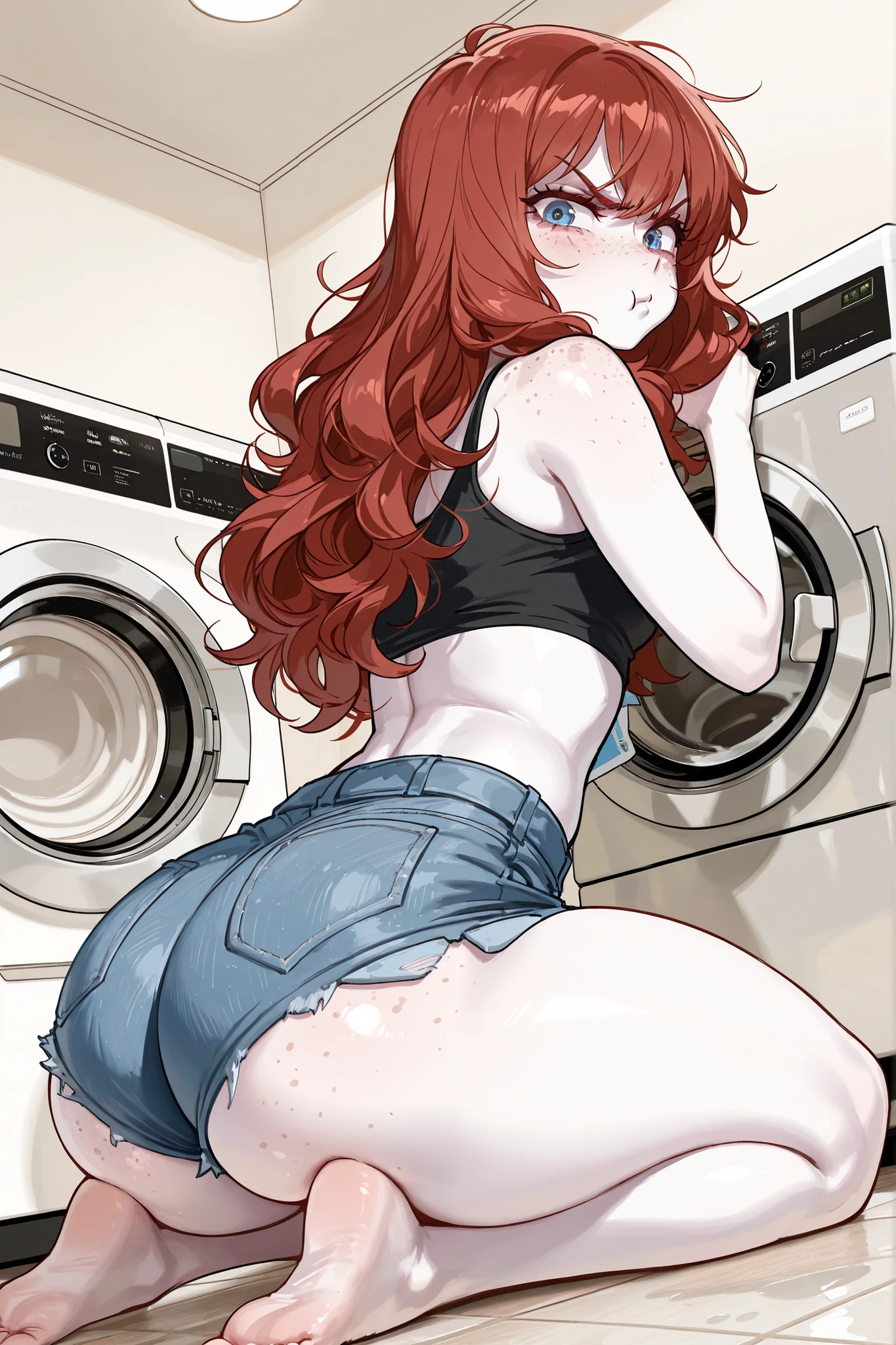 1girl, caucasian with pale skin and soft body, short stature. thick thighs and wide butt. Has blue eyes, copper-red curly long hair, freckles on face, freckles on shoulders, freckles on butt. Wearing denim shorts, crop top. (angry, grumpy, pouty expression). apartment home, bathroom. kneeling on floor, opening washing machine, side-eyeing viewer. dutch angle shot from side, masterpiece, best quality, amazing quality, highres,