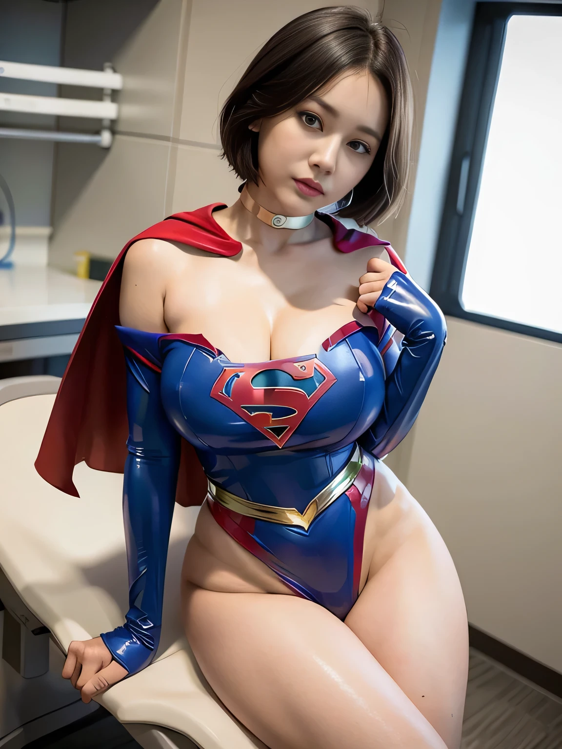 masterpiece、Enamel Supergirl Costume、Short Hair、Hospital operating table、Crisis situation、Big and ample breasts、looking at the camera、Shiny、Off the shoulder、choker、Long sleeve、exy poses to seduce、Sweaty skin、Model Body Type、Alluring、charm、Enchanting、Abused、test subject、victim、Wild、Photorealistic、latex、High leg、Leaning forward、